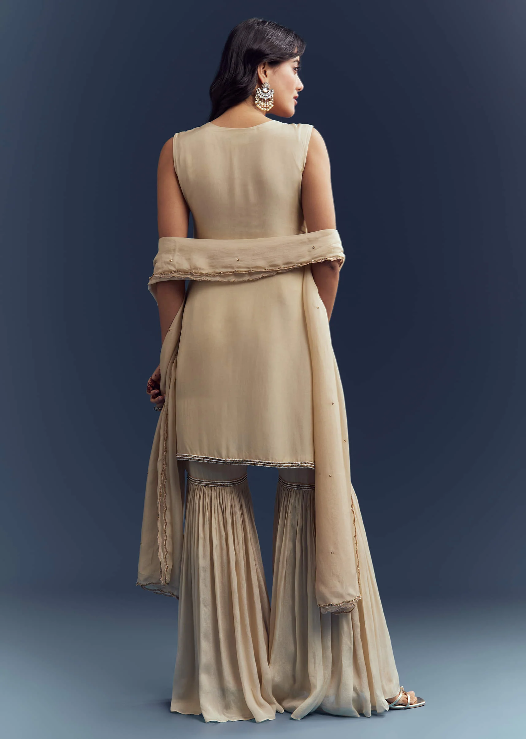 Cream Organza Sharara Suit With Moti And Cutdana Work - Image 3