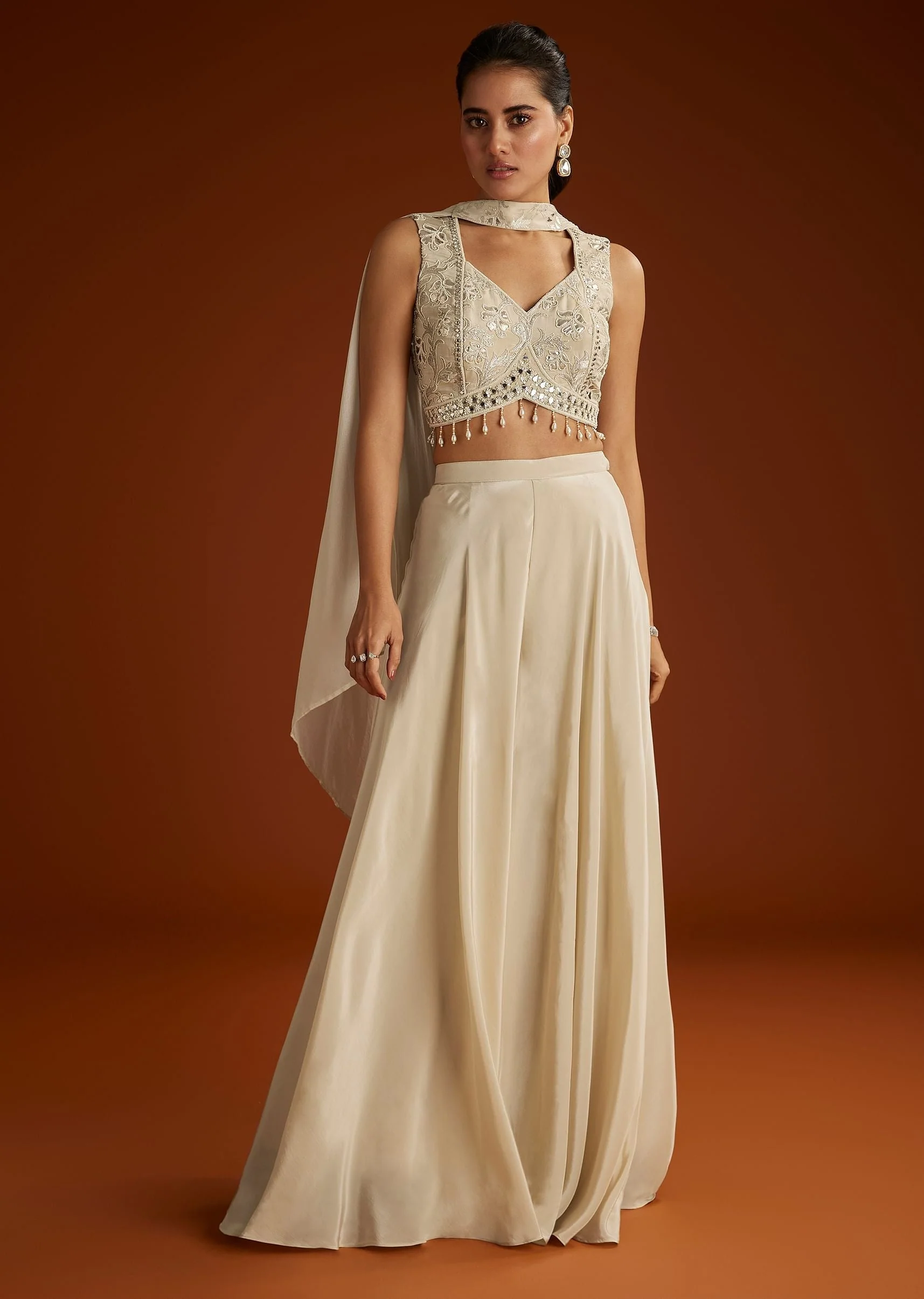 Cream Patch And Mirrorwork Crop Top With Choker Dupatta