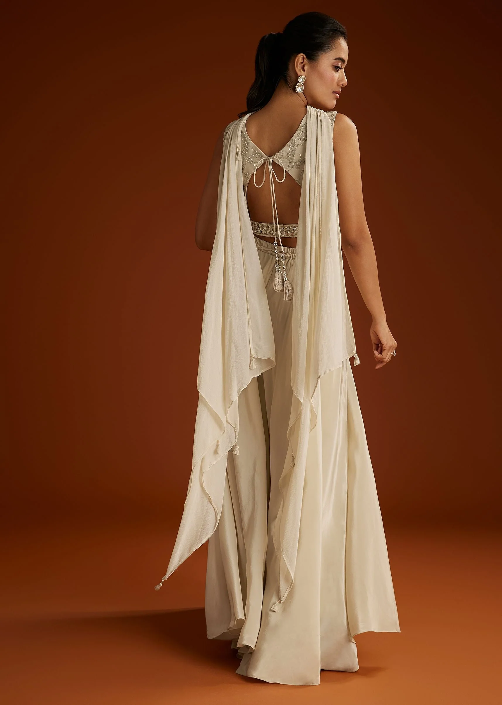 Cream Patch And Mirrorwork Crop Top With Choker Dupatta - Image 5