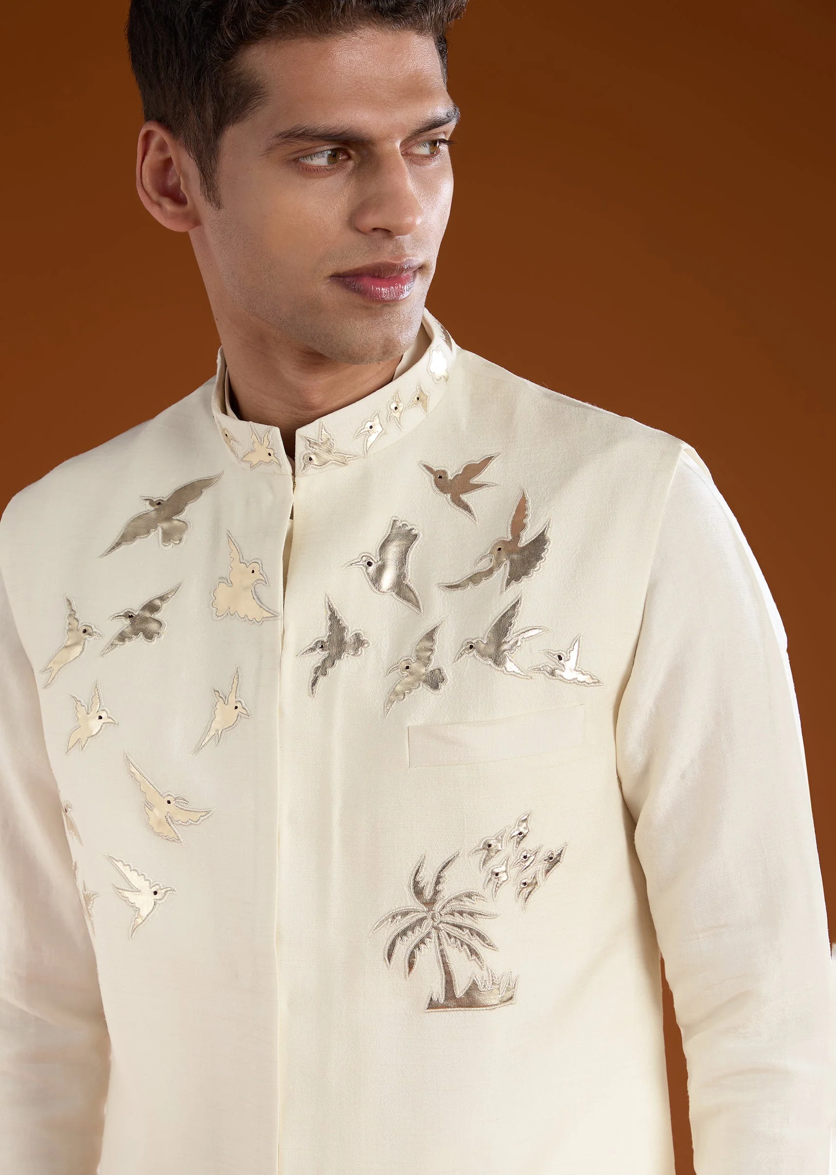 Cream Patchwork Jacket and Kurta Set - Image 2