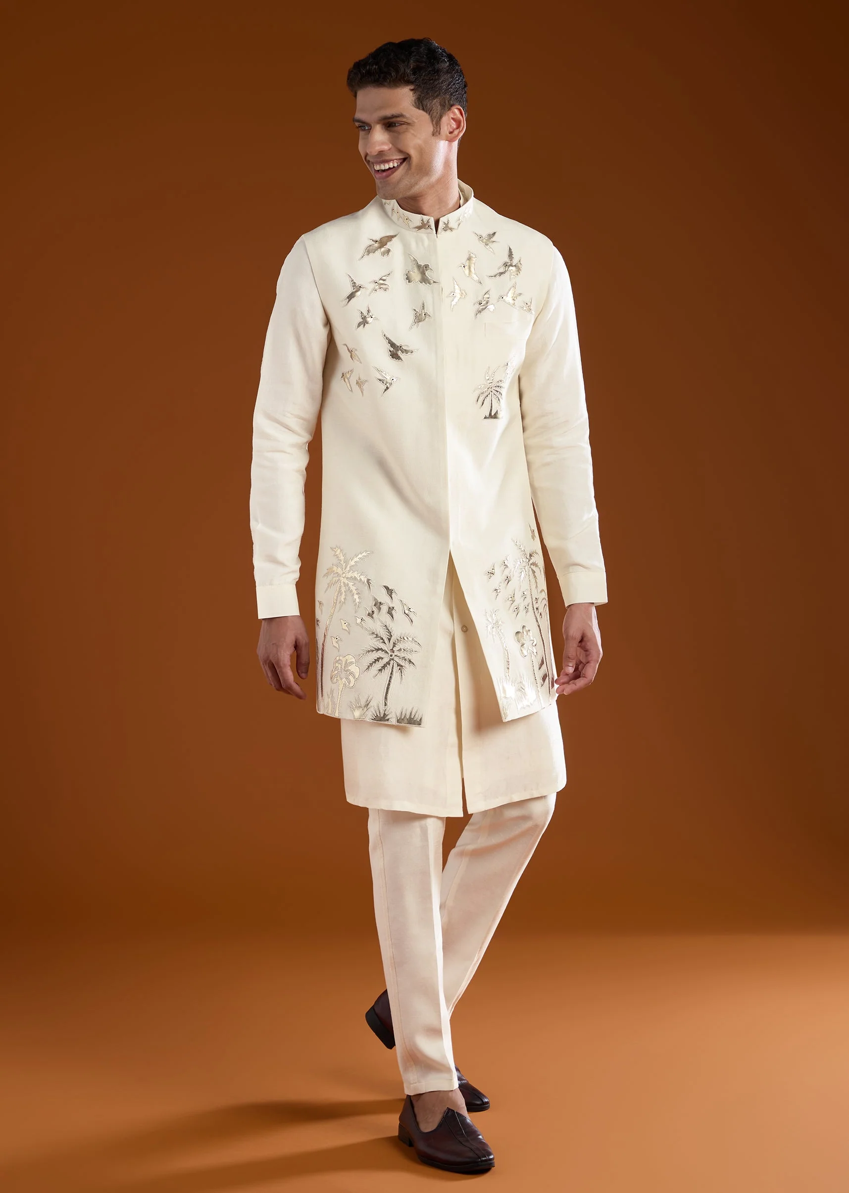 Cream Patchwork Jacket and Kurta Set - Image 3