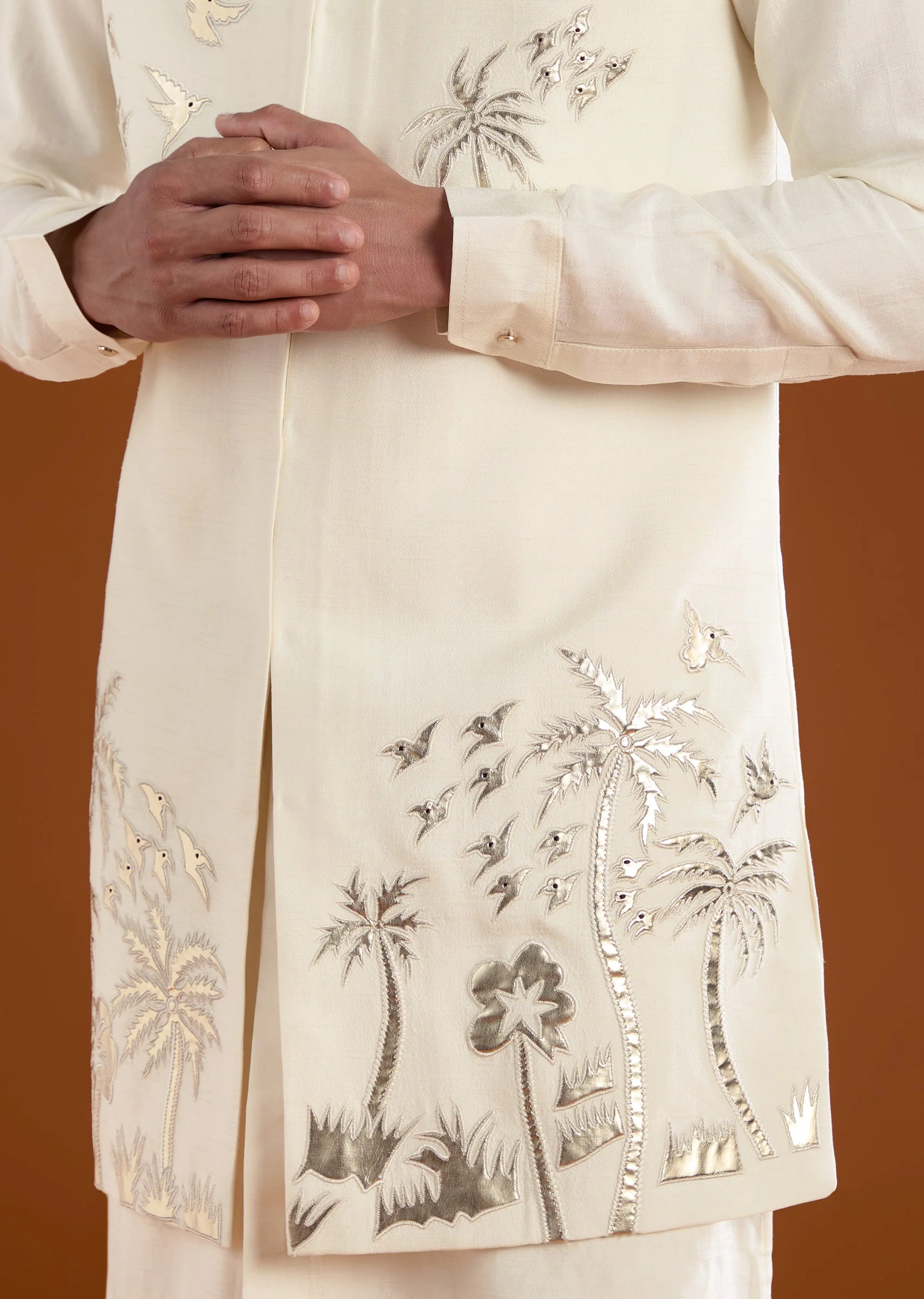 Cream Patchwork Jacket and Kurta Set - Image 4