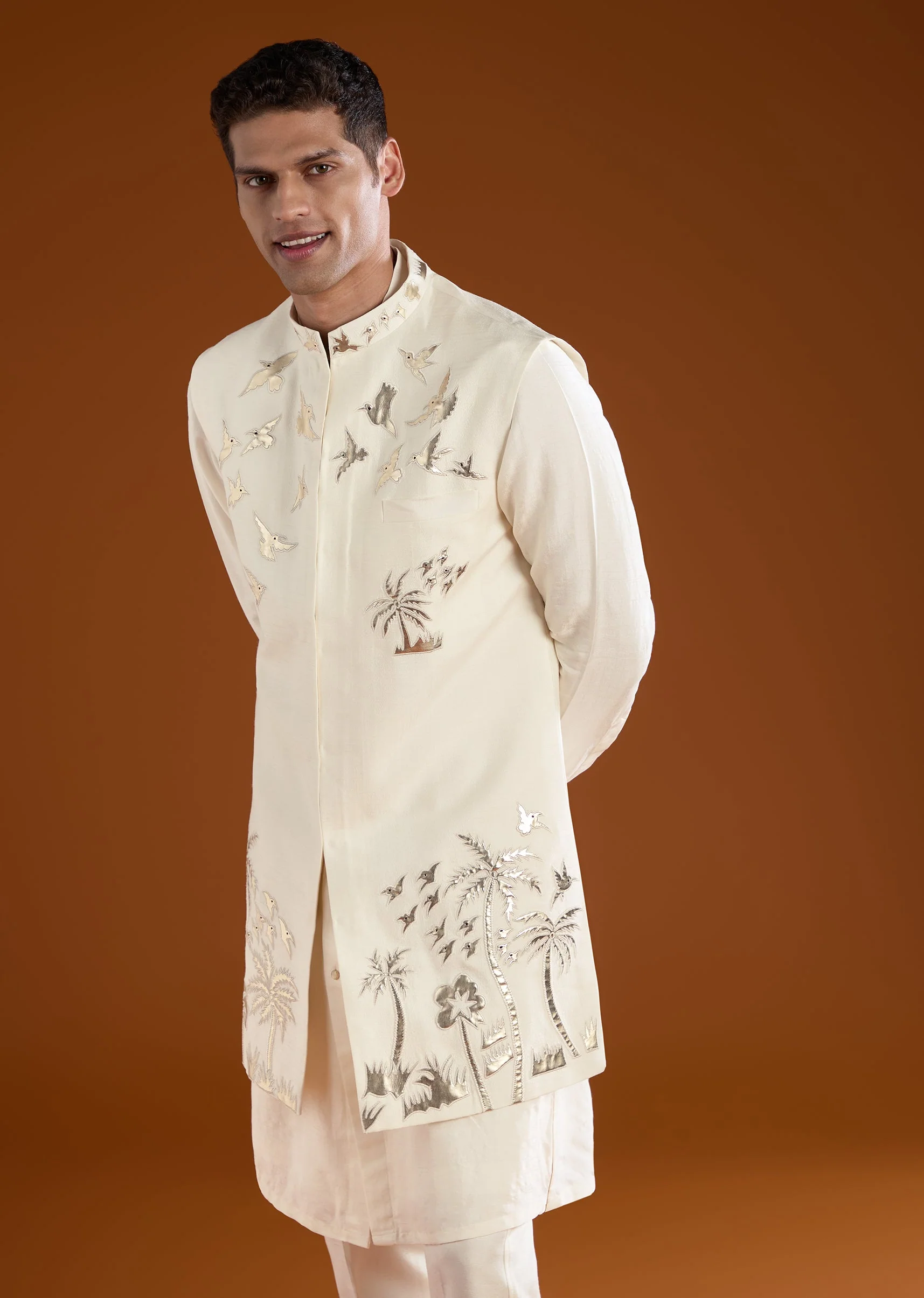 Cream Patchwork Jacket and Kurta Set - Image 5