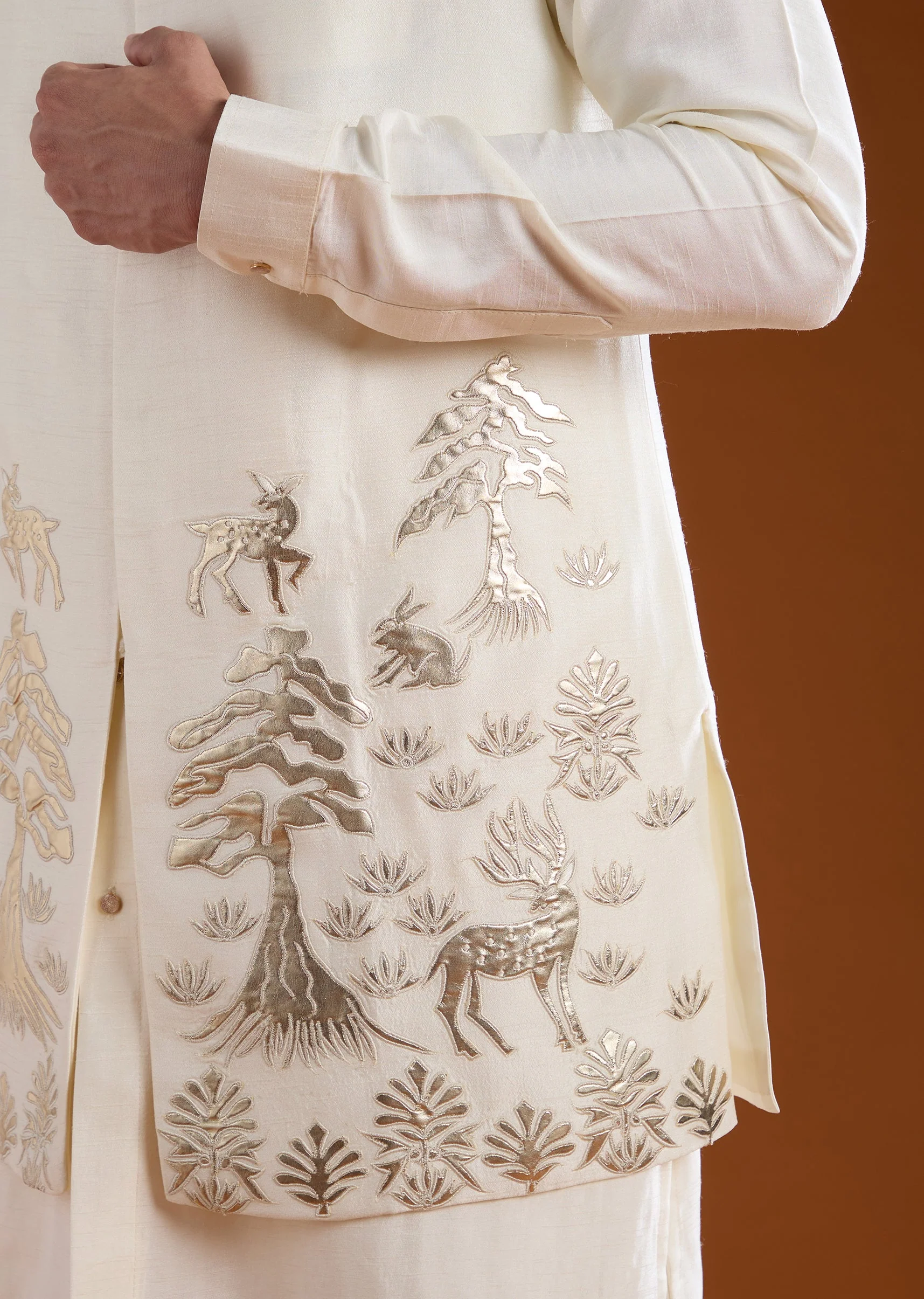 Cream Patchwork Jacket and Kurta Set in Silk - Image 2