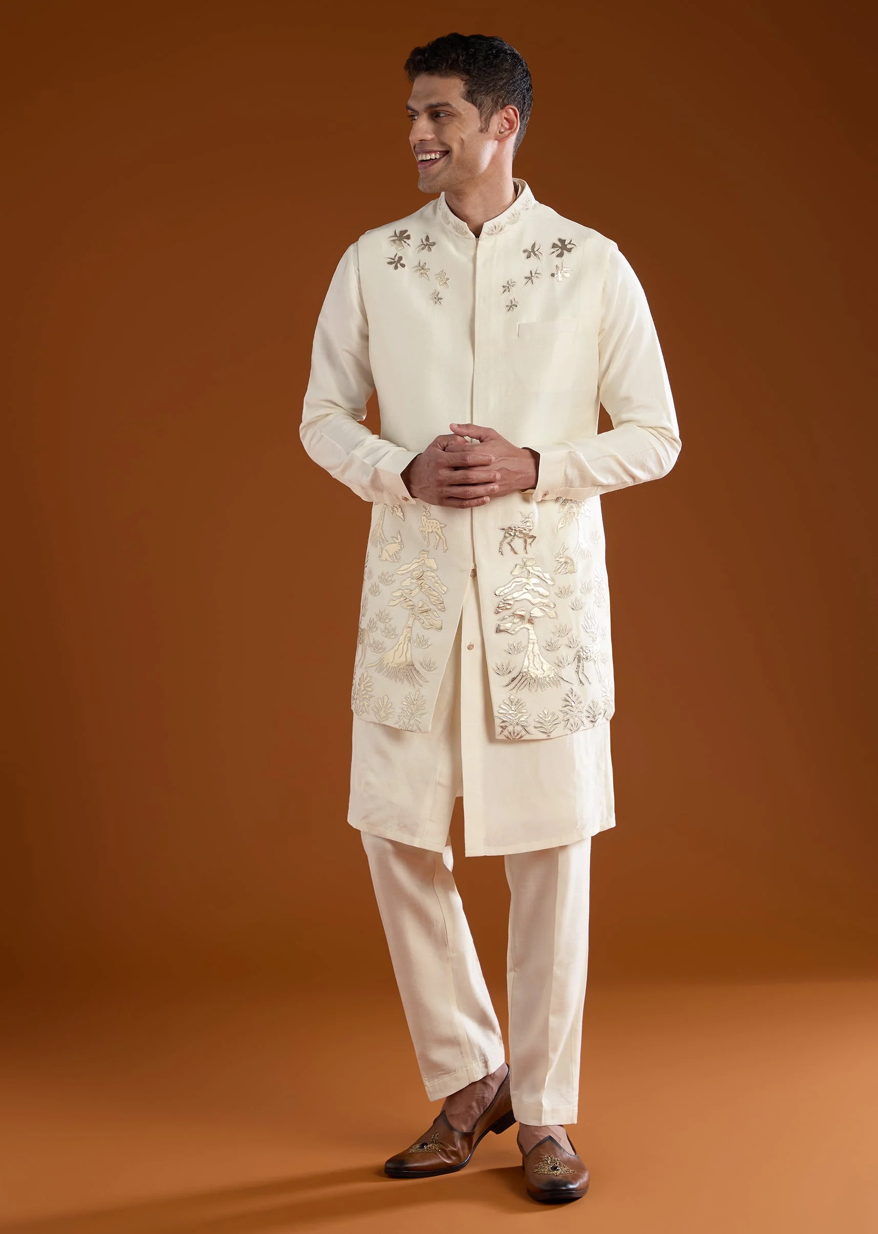 Cream Patchwork Jacket and Kurta Set in Silk - Image 3