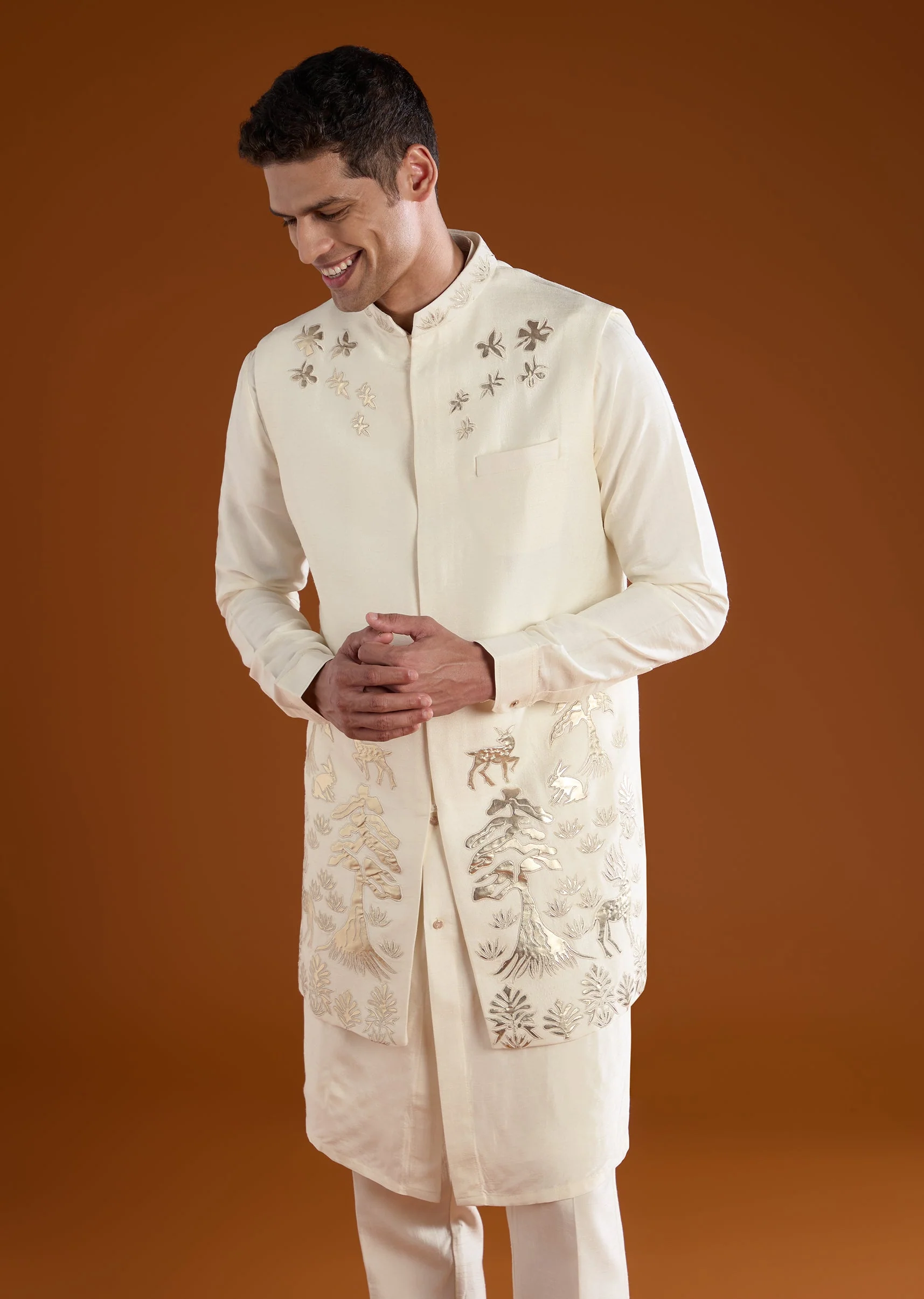 Cream Patchwork Jacket and Kurta Set in Silk - Image 4