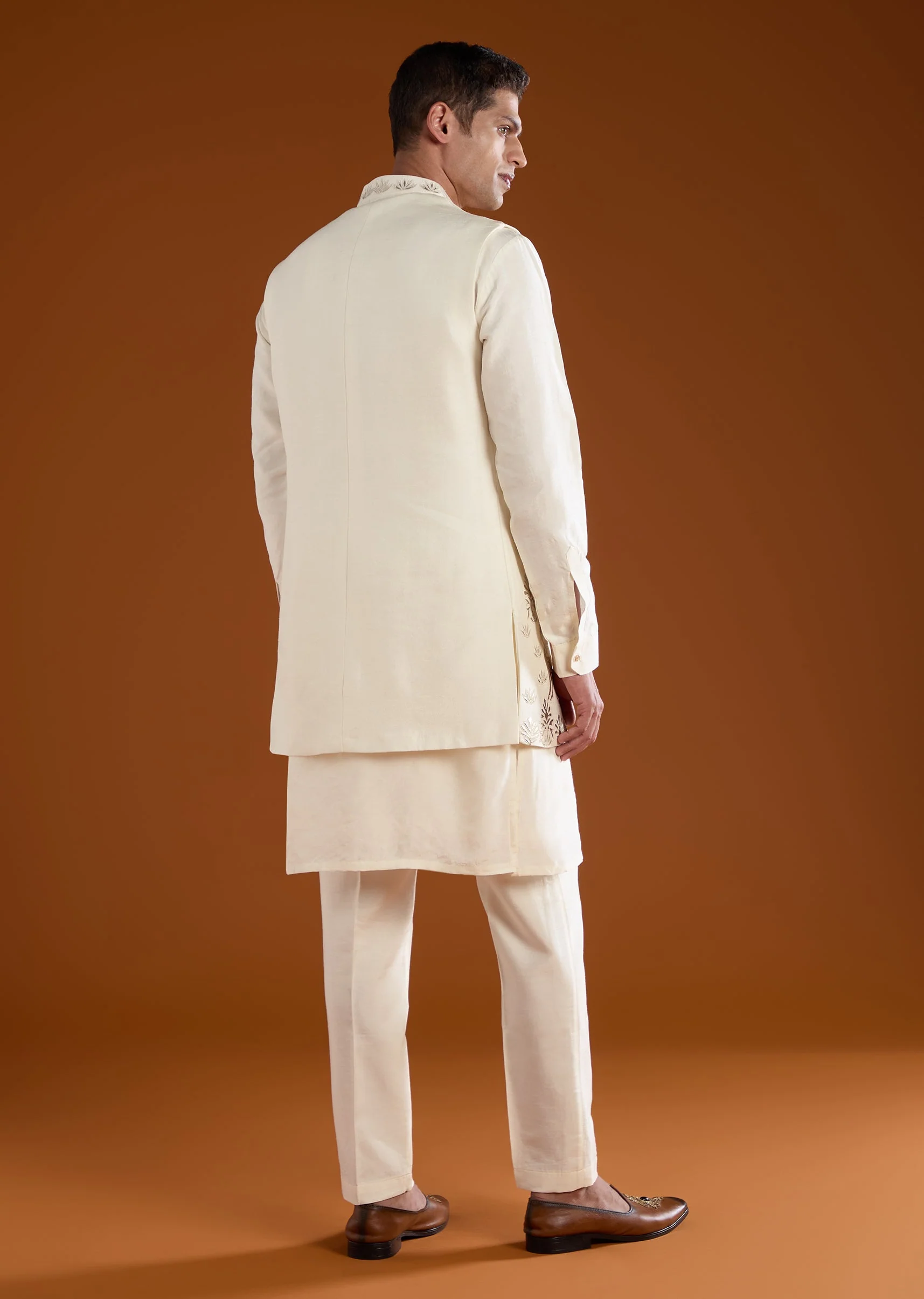 Cream Patchwork Jacket and Kurta Set in Silk - Image 5