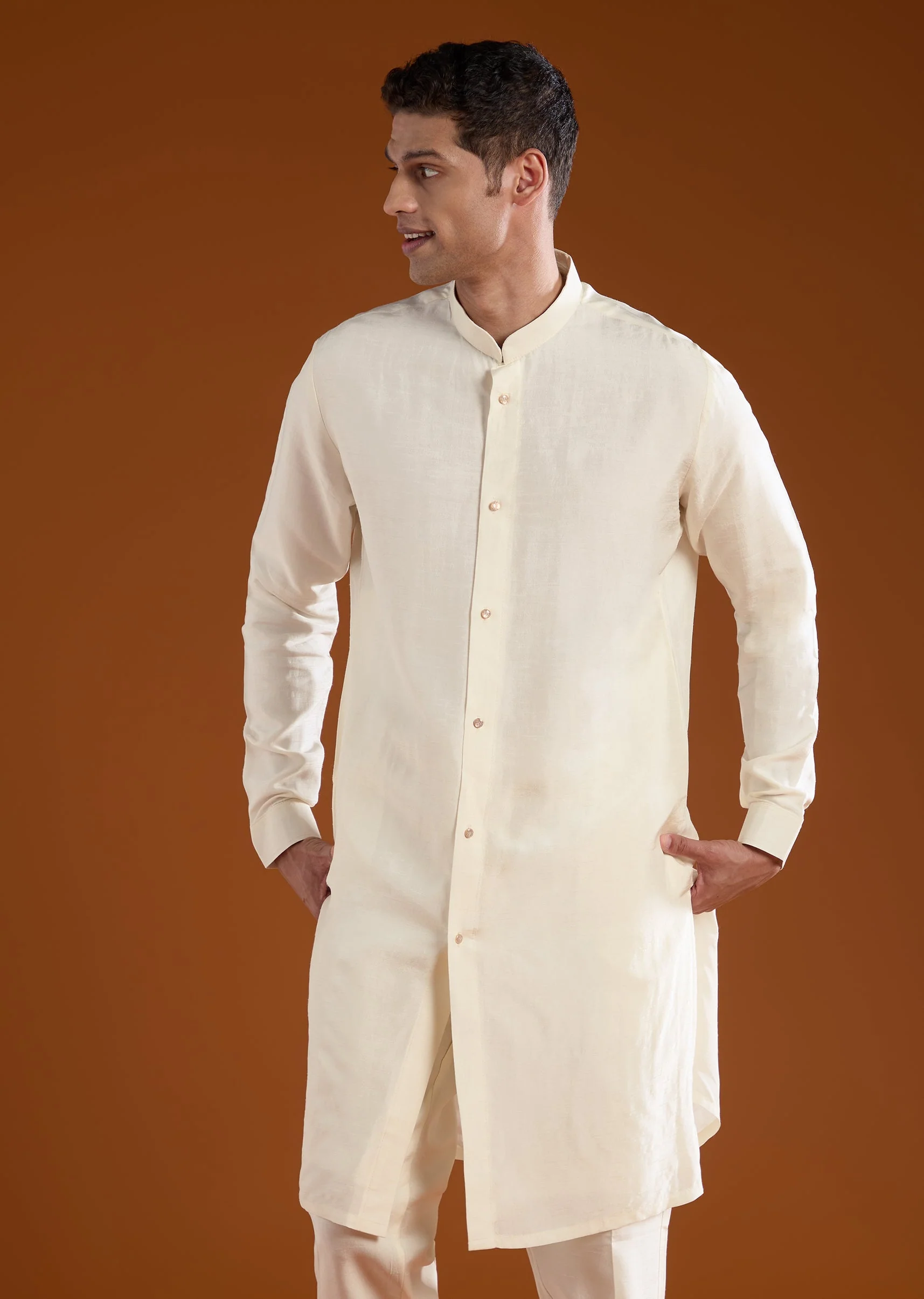 Cream Patchwork Jacket and Kurta Set in Silk - Image 6