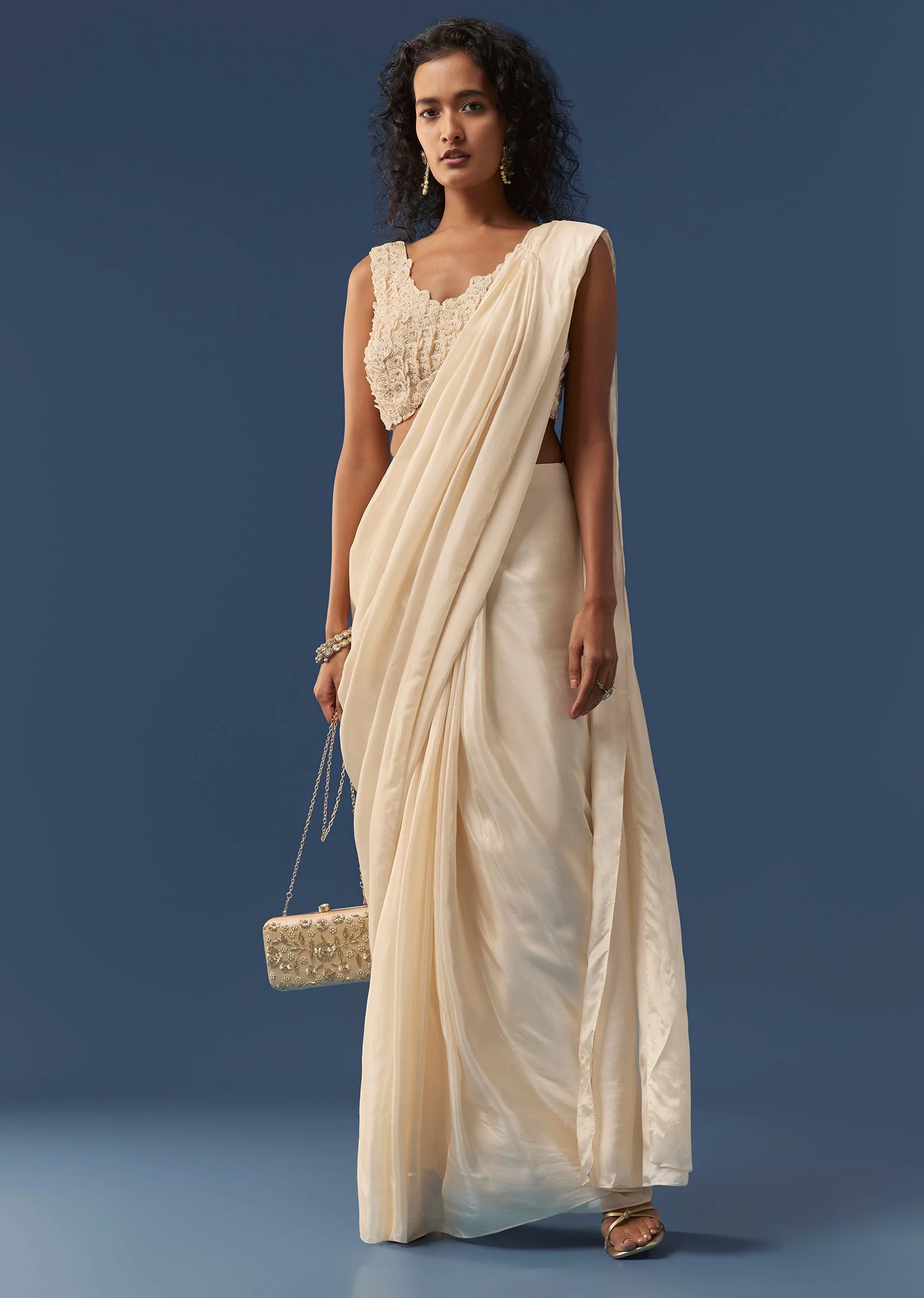 Cream Pre-Draped Beaded Saree with Blouse - Image 3