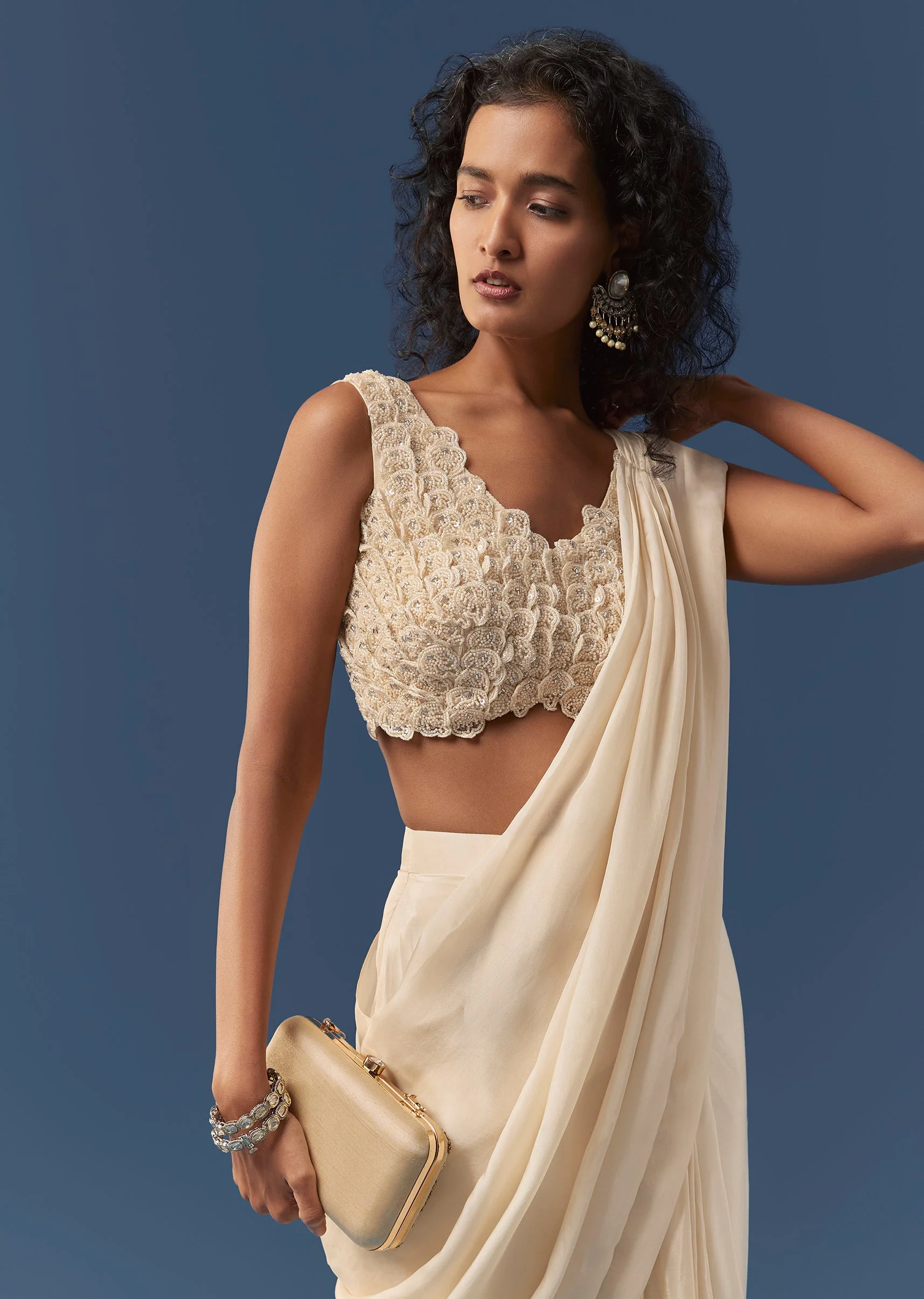 Cream Pre-Draped Beaded Saree with Blouse - Image 4
