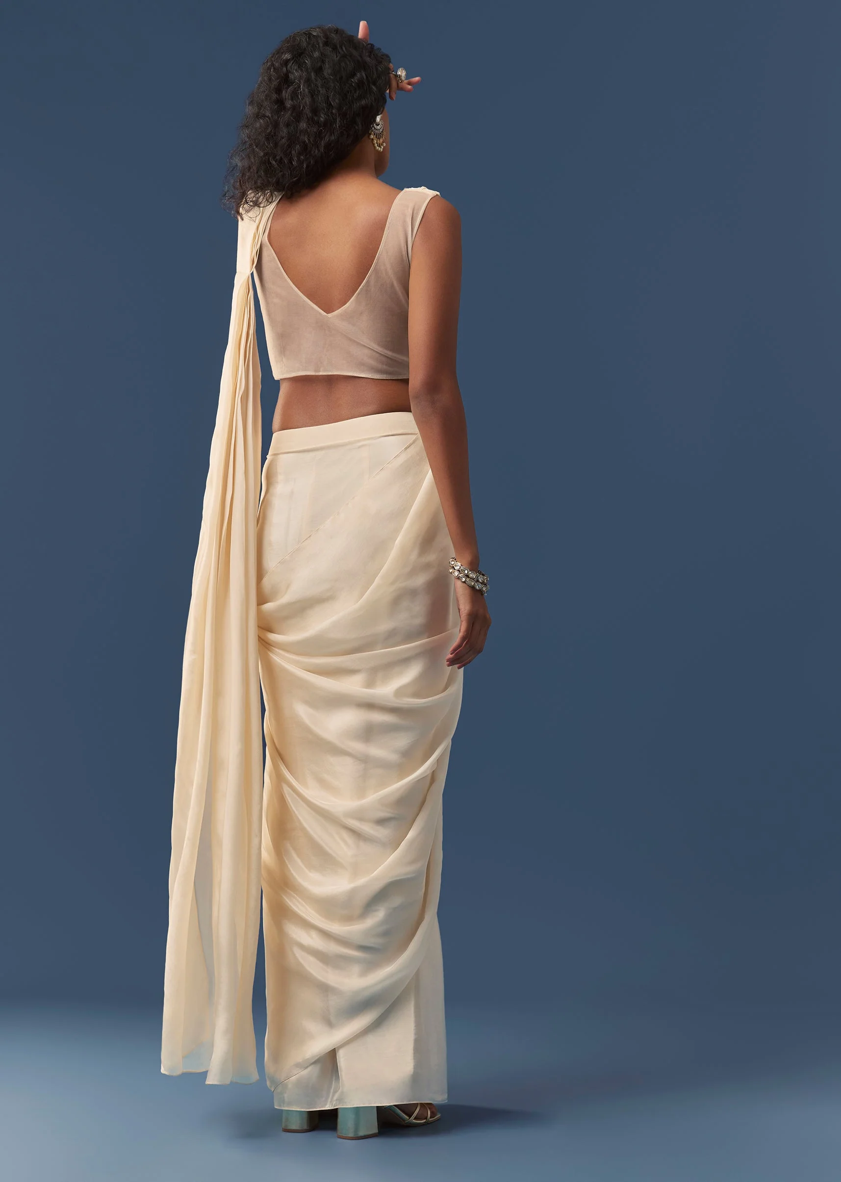 Cream Pre-Draped Beaded Saree with Blouse - Image 5