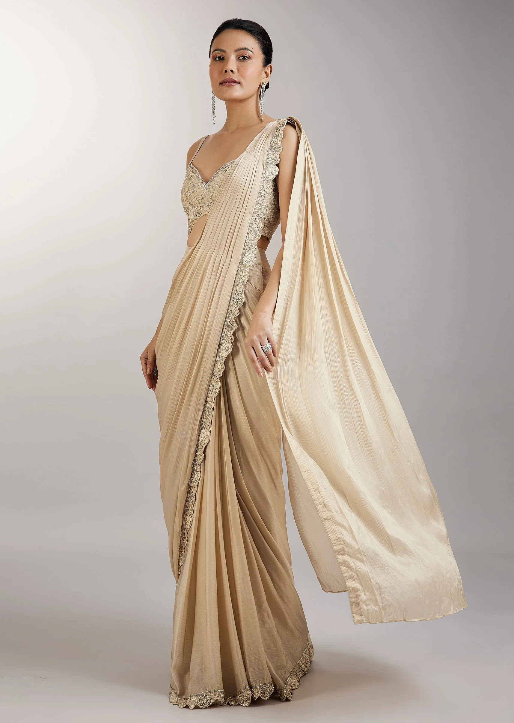 Cream Pre Draped Indo Western Saree With Jacket - Image 6