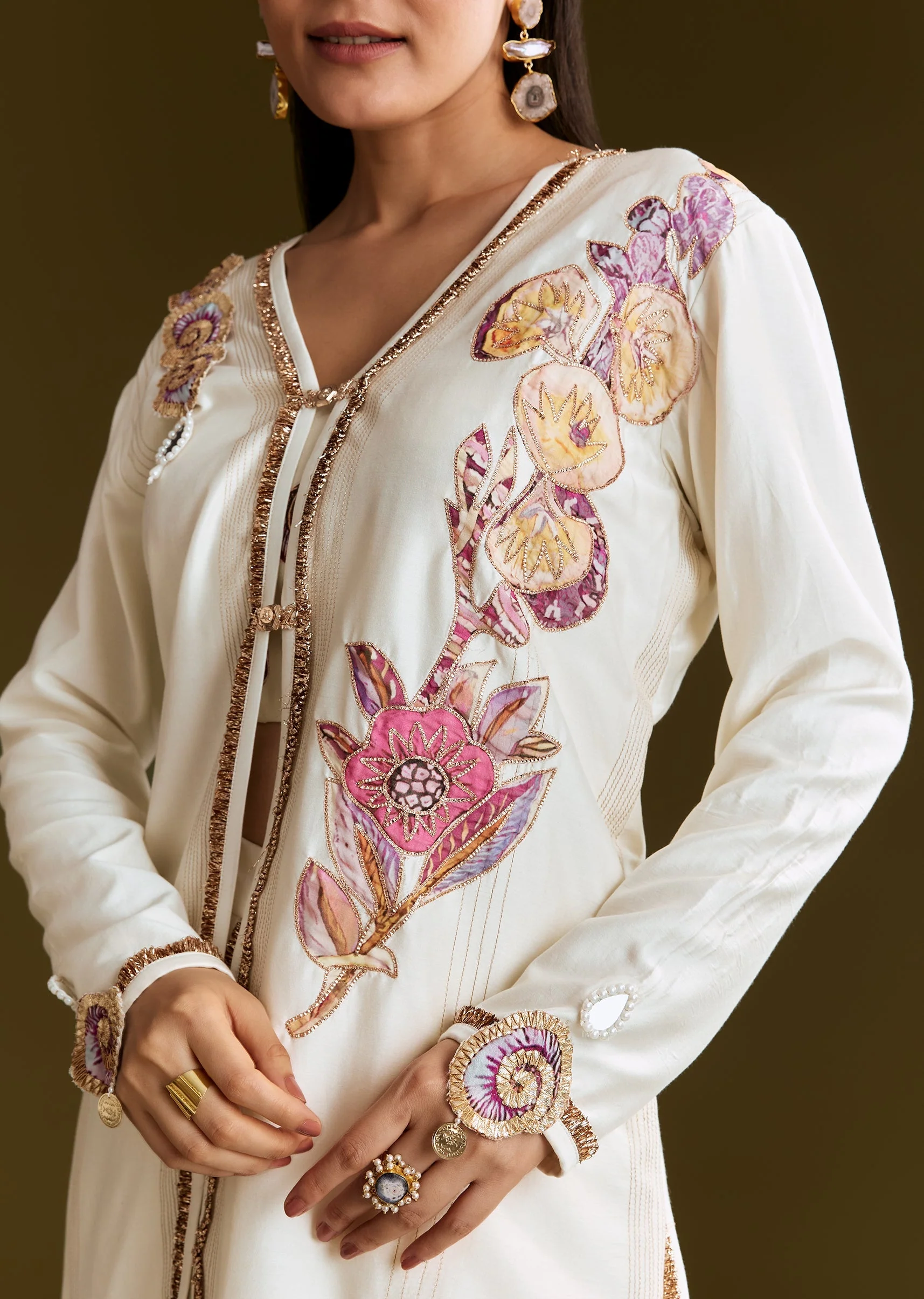 Cream Printed Croptop Set With Gotta Work Jacket And Dhoti Skirt - Image 2