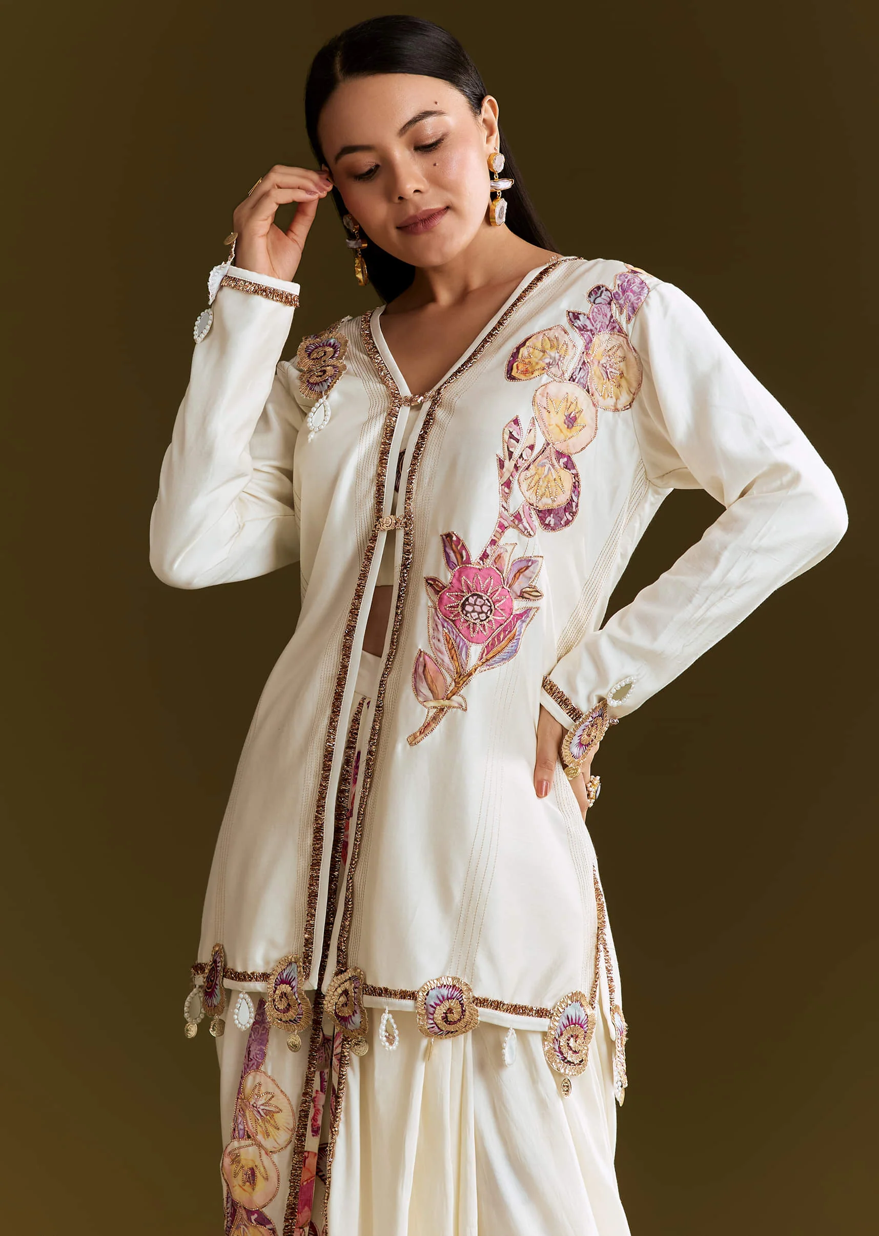 Cream Printed Croptop Set With Gotta Work Jacket And Dhoti Skirt - Image 4