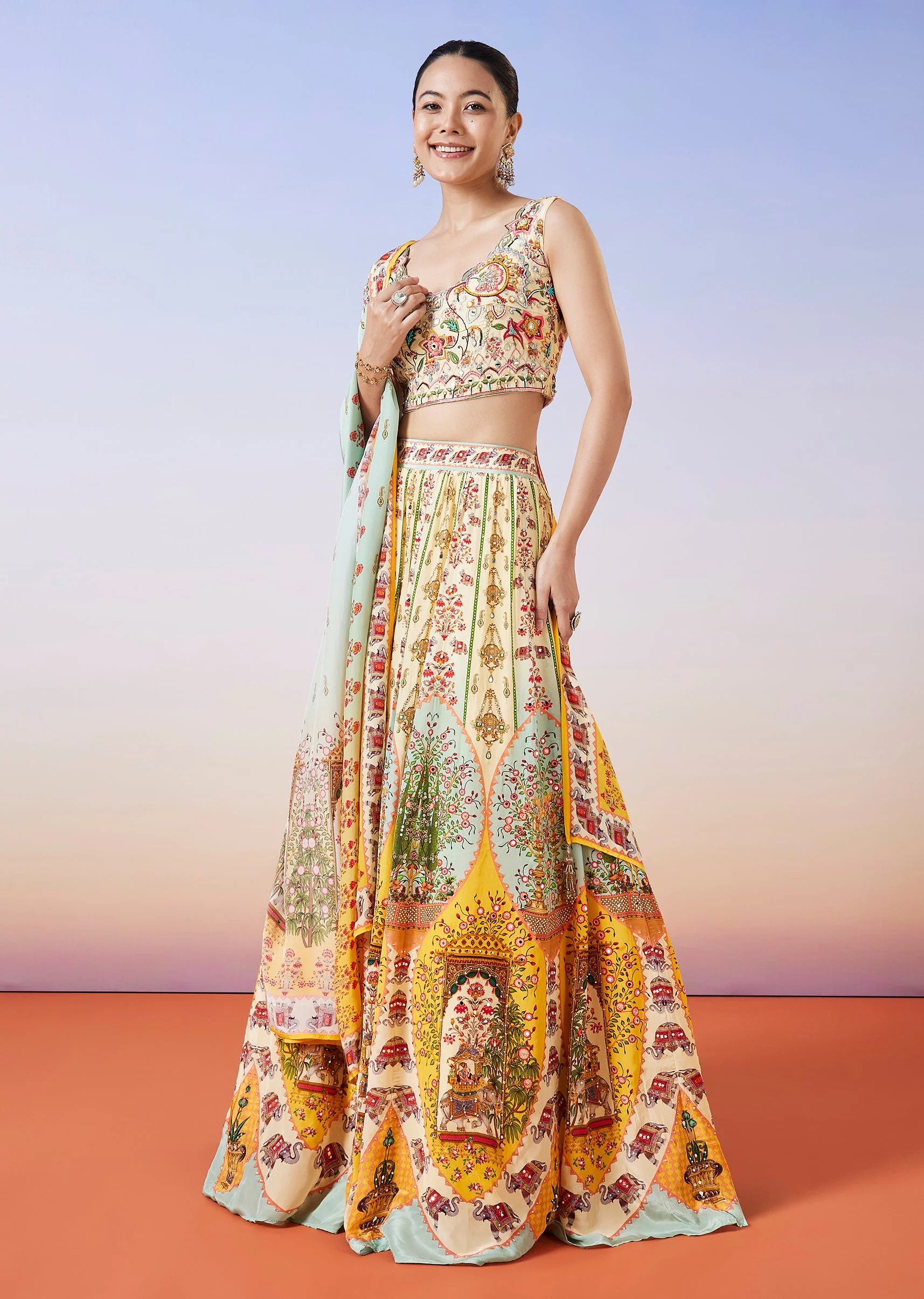 Cream Printed Lehenga With Dupatta - Image 4