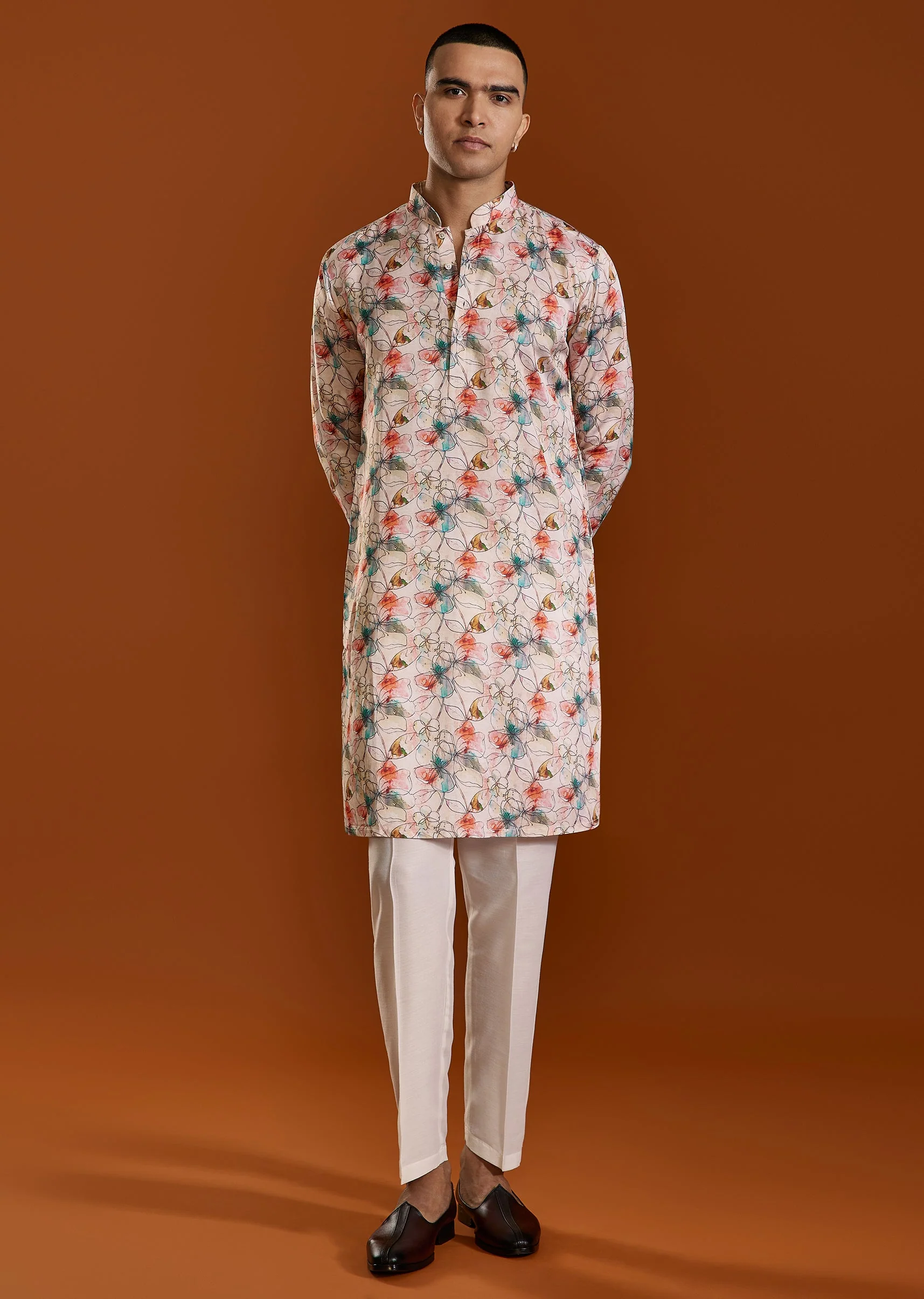 Cream Printed Viscose Kurta - Image 3