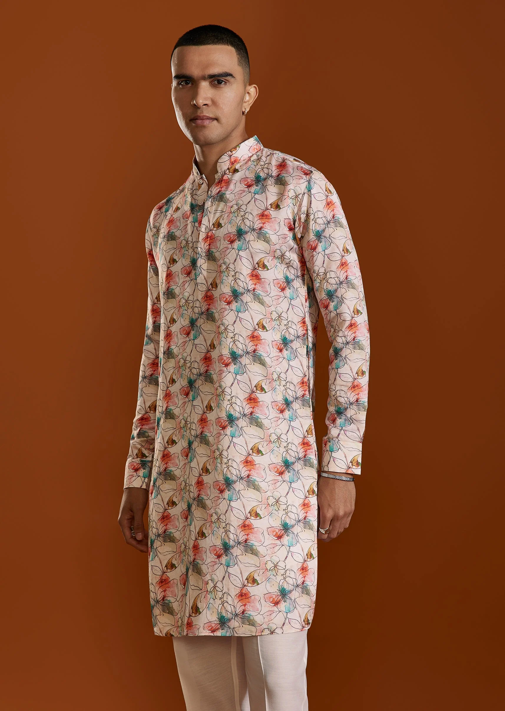 Cream Printed Viscose Kurta - Image 4