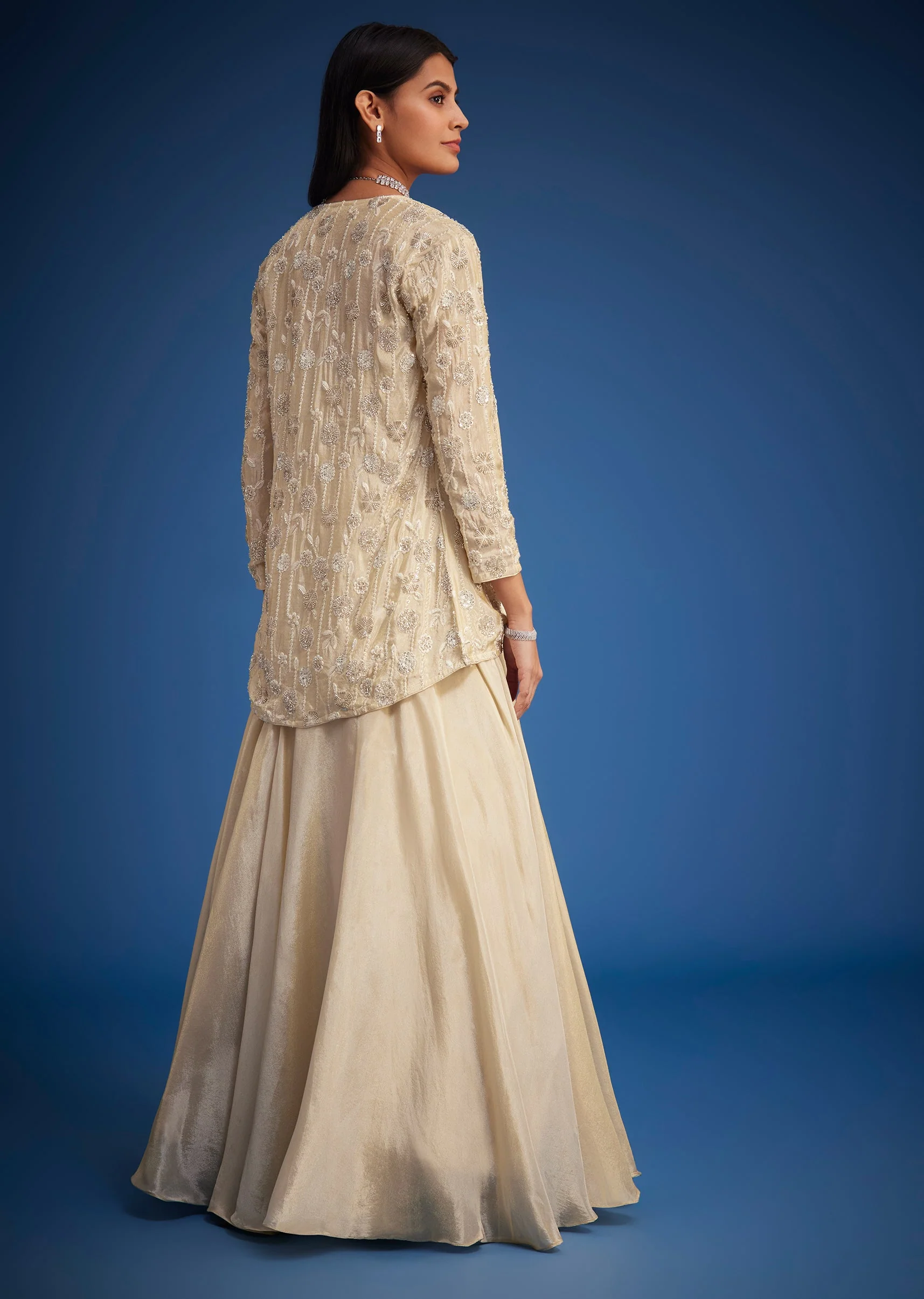 Cream Raw Silk Embroidered Jacket Lehenga Set - Image 2