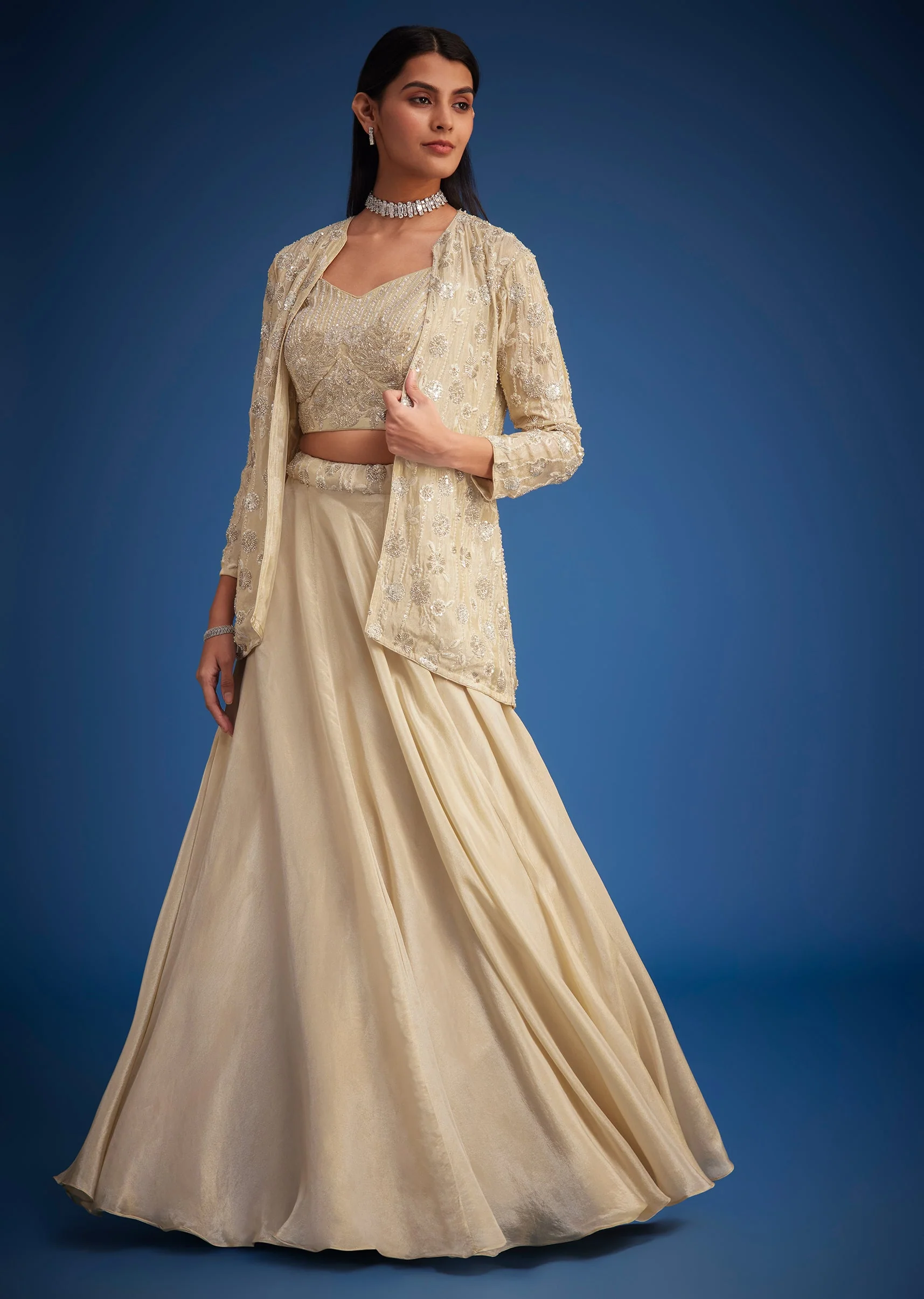 Cream Raw Silk Embroidered Jacket Lehenga Set - Image 3