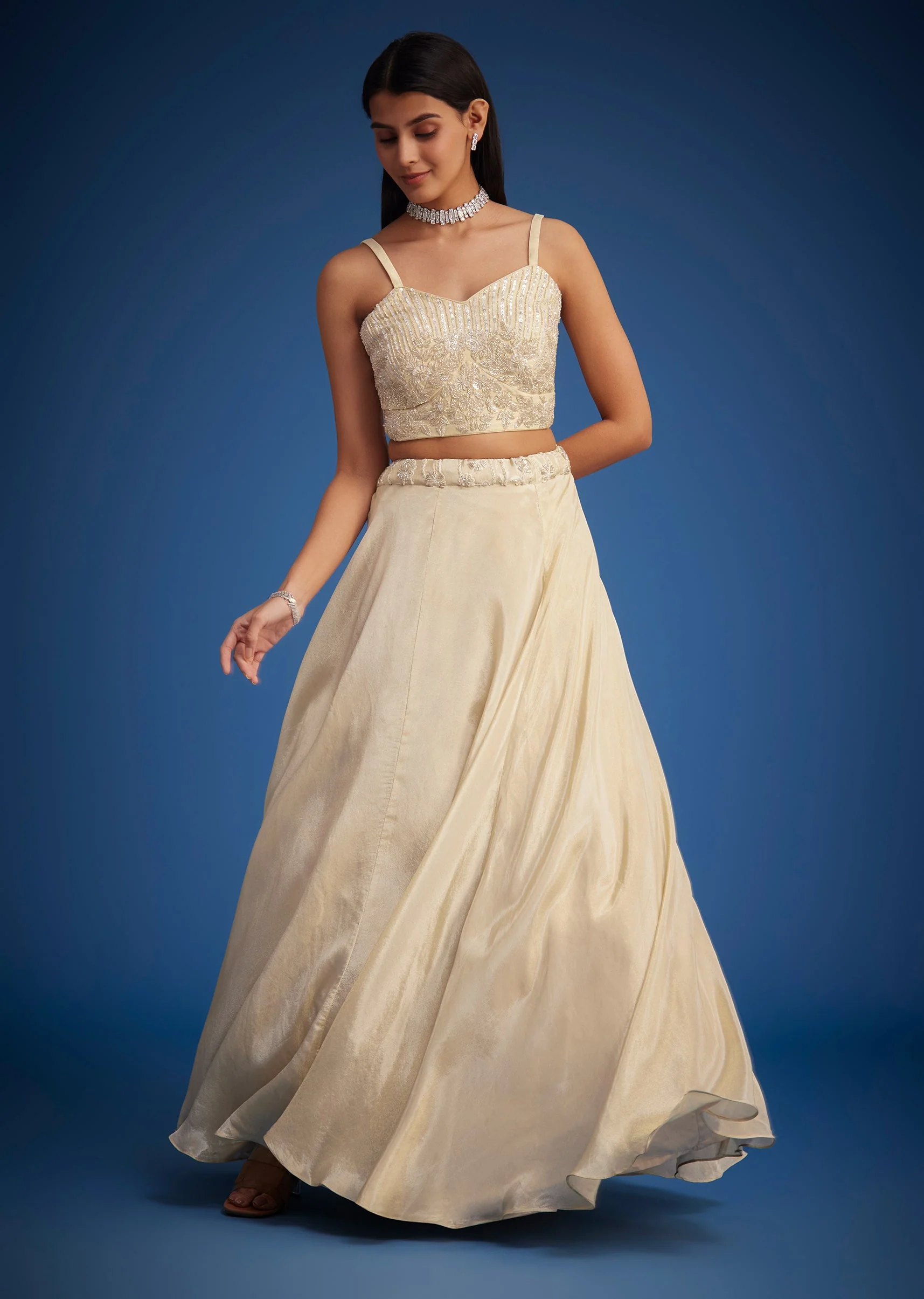 Cream Raw Silk Embroidered Jacket Lehenga Set - Image 4