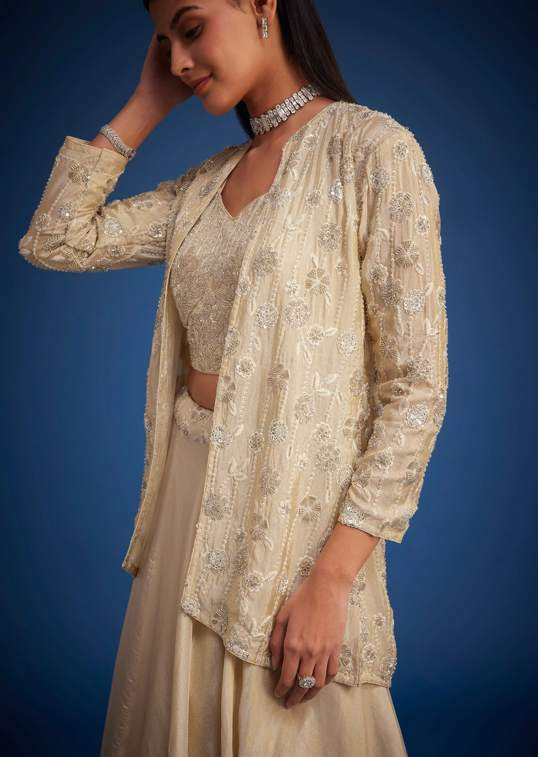 Cream Raw Silk Embroidered Jacket Lehenga Set - Image 5