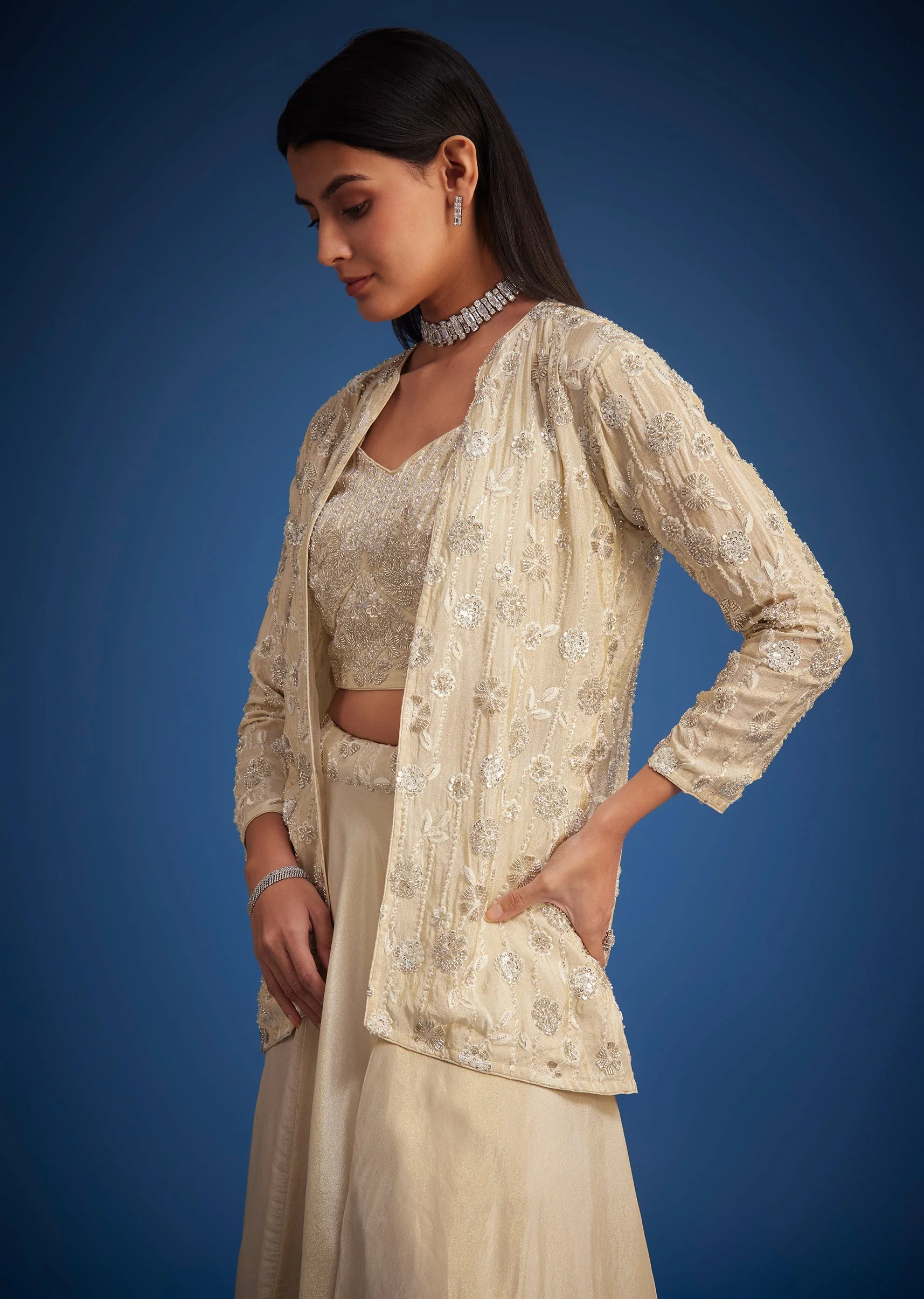 Cream Raw Silk Embroidered Jacket Lehenga Set - Image 6