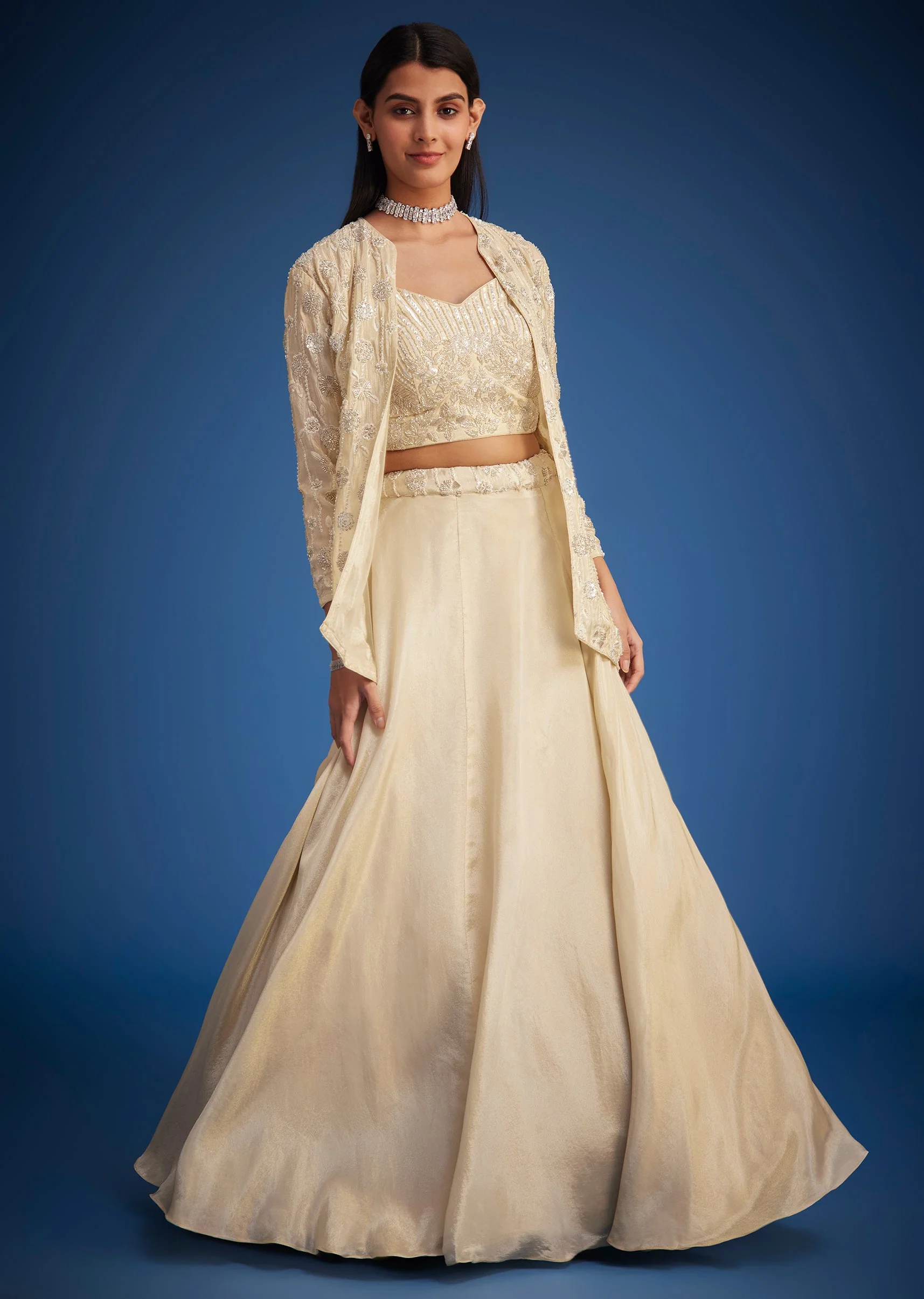 Cream Raw Silk Embroidered Jacket Lehenga Set - Image 7