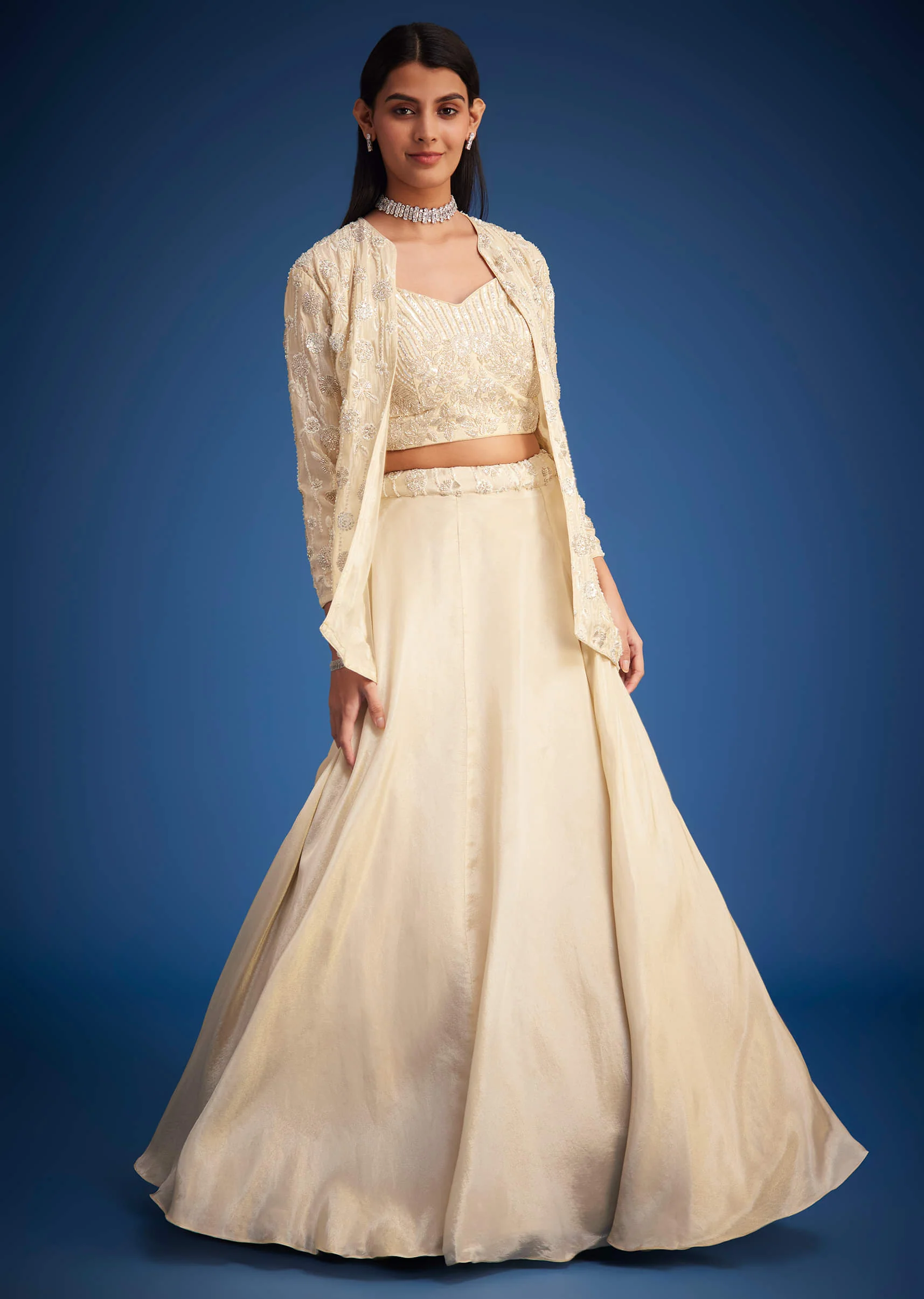 Cream Raw Silk Embroidered Jacket Lehenga Set - Image 8