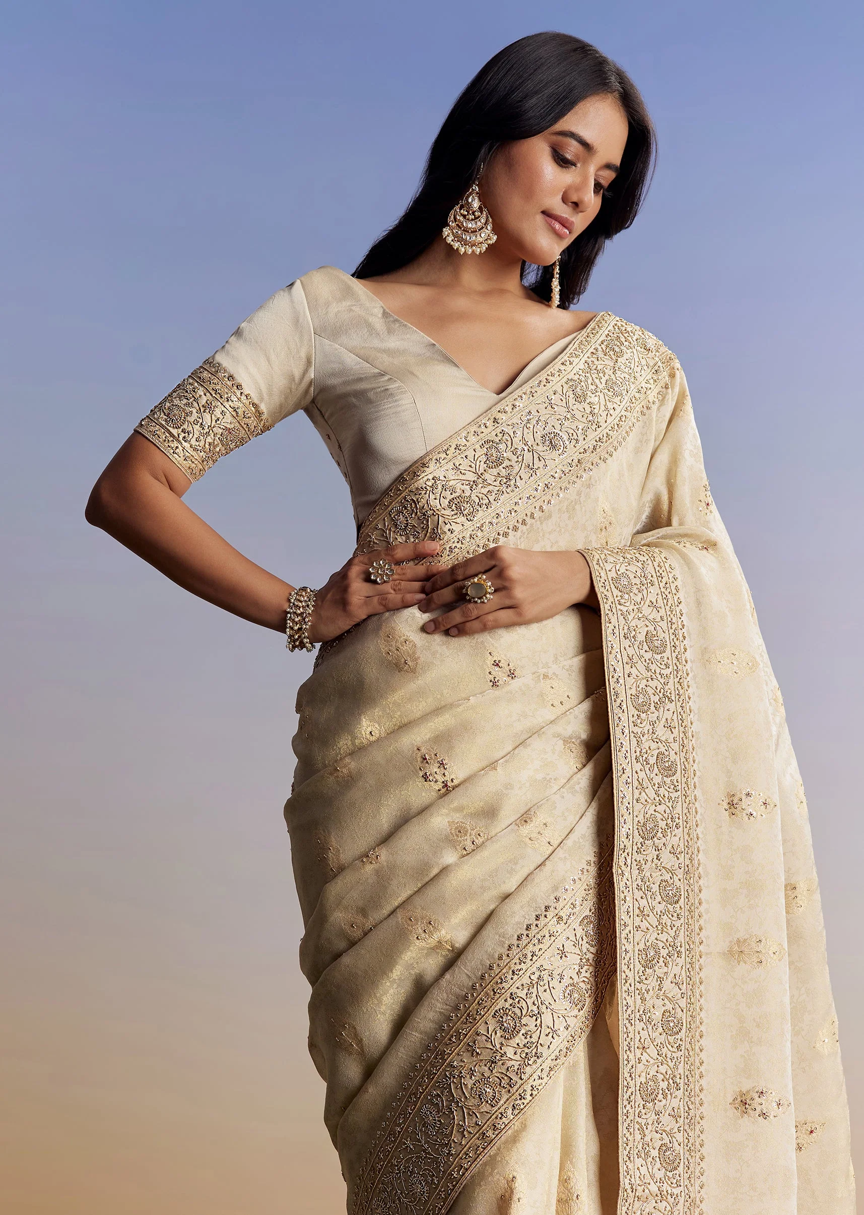 Cream Royal Duo – Jacquard Silk Saree For Her And Embroidered Jodhpuri Set For Him - Image 3