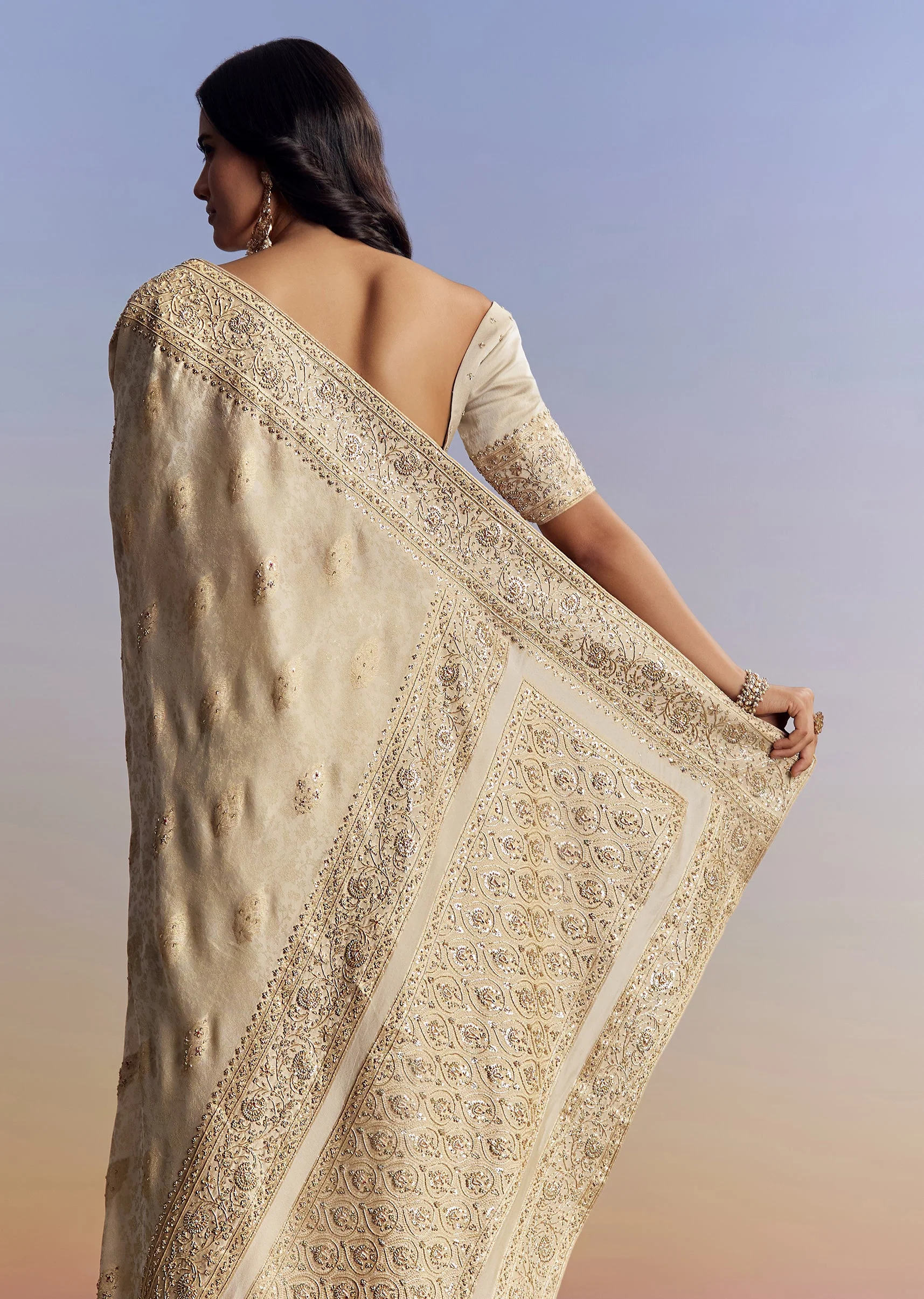 Cream Royal Duo – Jacquard Silk Saree For Her And Embroidered Jodhpuri Set For Him - Image 6