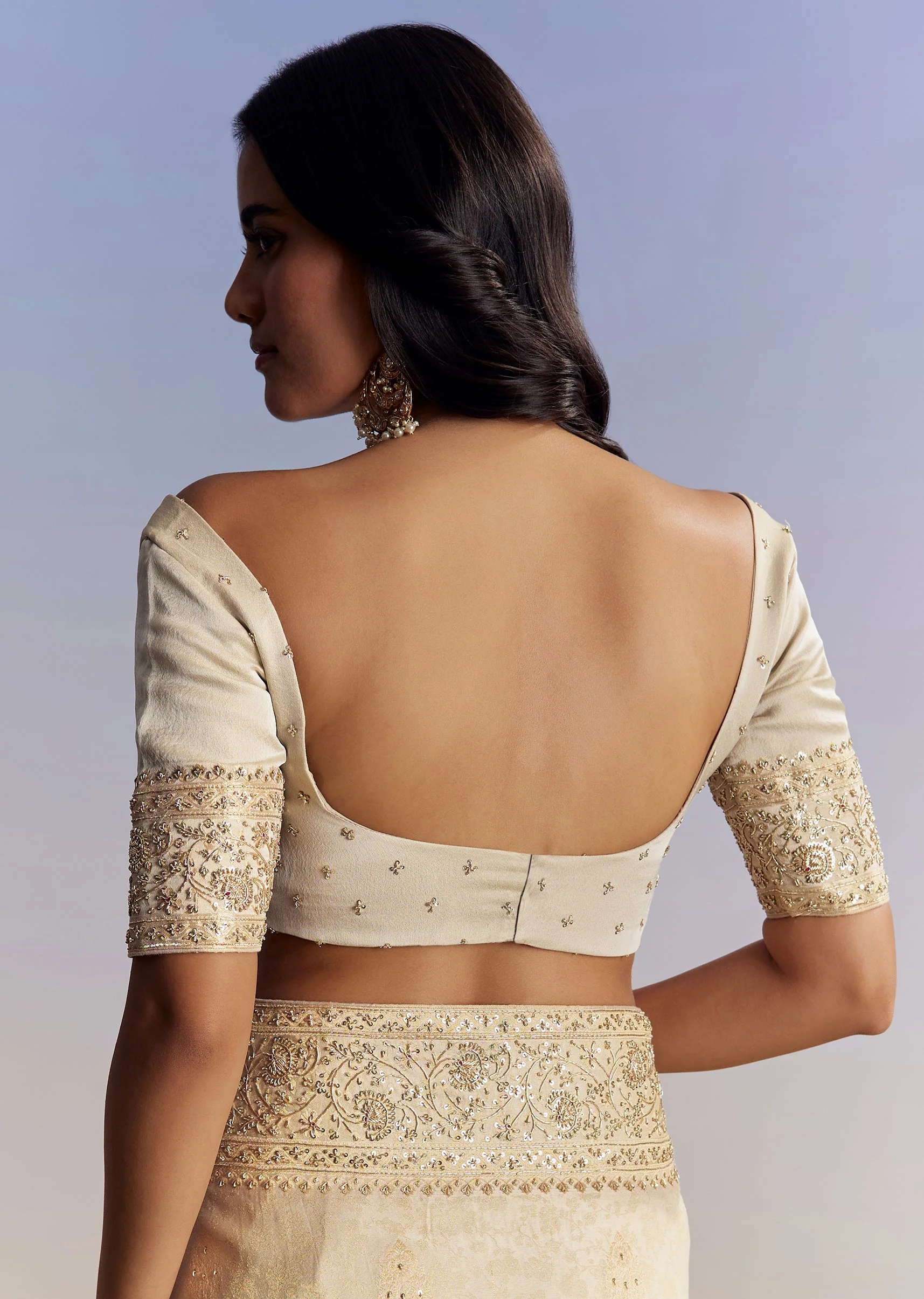 Cream Royal Duo – Jacquard Silk Saree For Her And Embroidered Jodhpuri Set For Him - Image 8