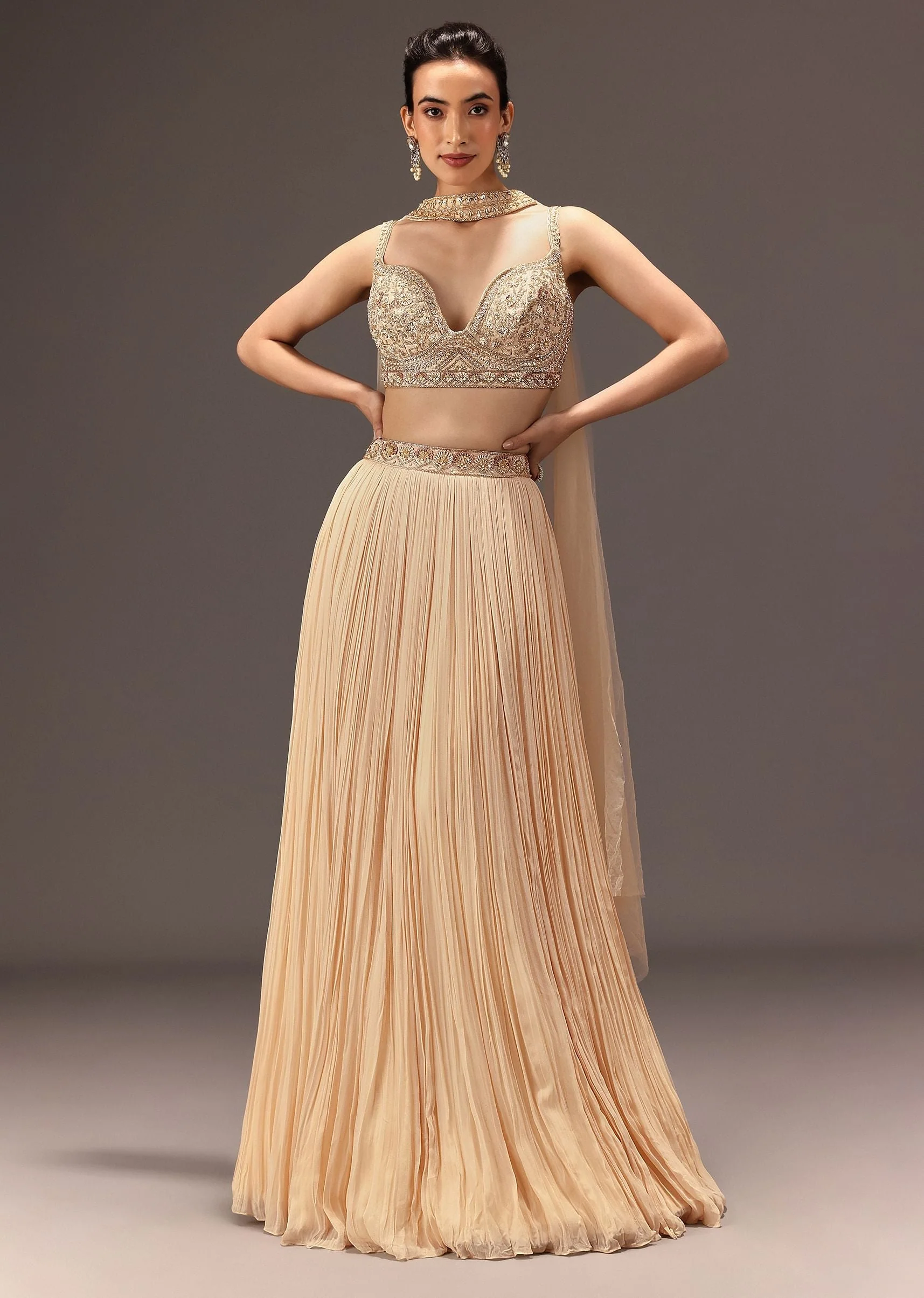 Cream Ruched Lehenga Set With Hand Embroidery - Image 3