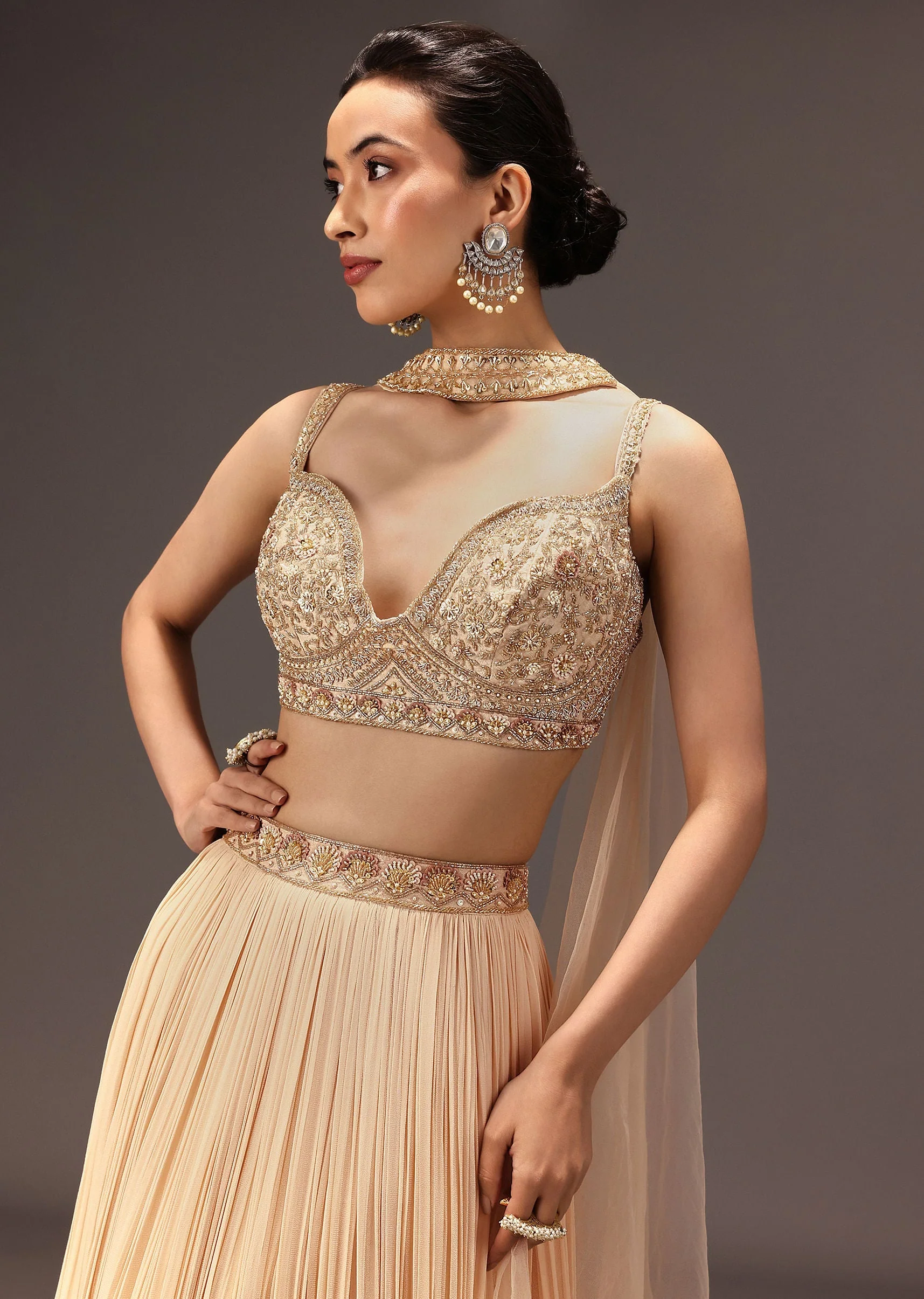 Cream Ruched Lehenga Set With Hand Embroidery - Image 4