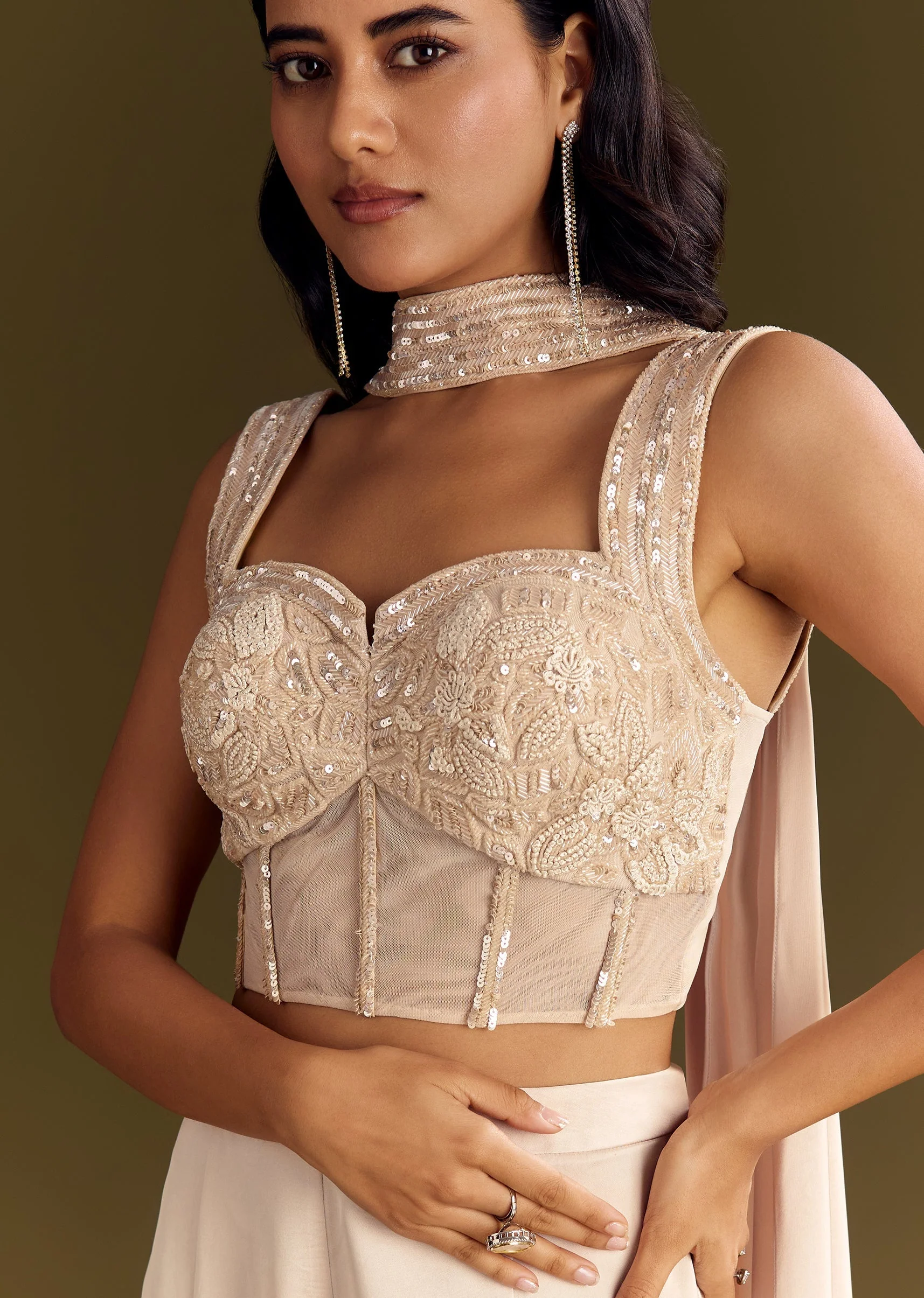 Cream Satin Bustier Palazzo Suit With Choker Dupatta - Image 3