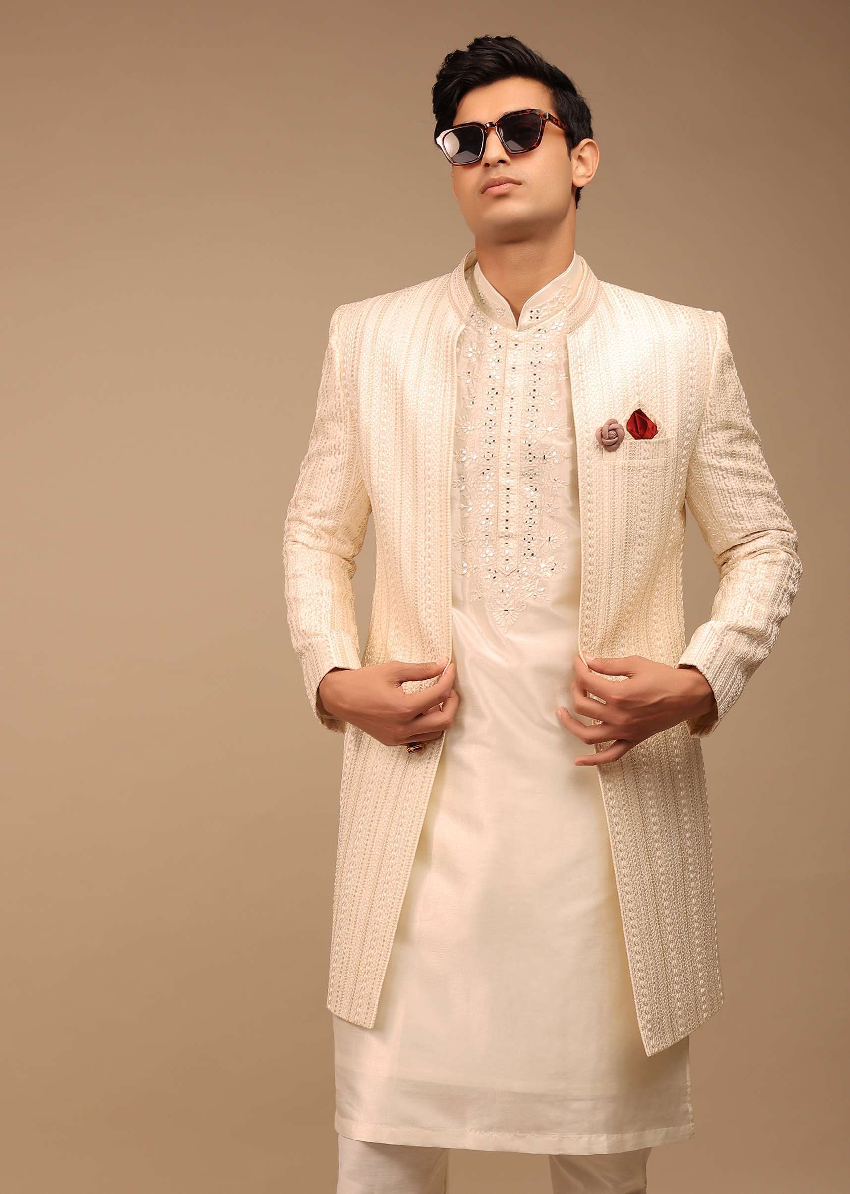 Cream Sherwani With Detailed Resham Work - Image 6