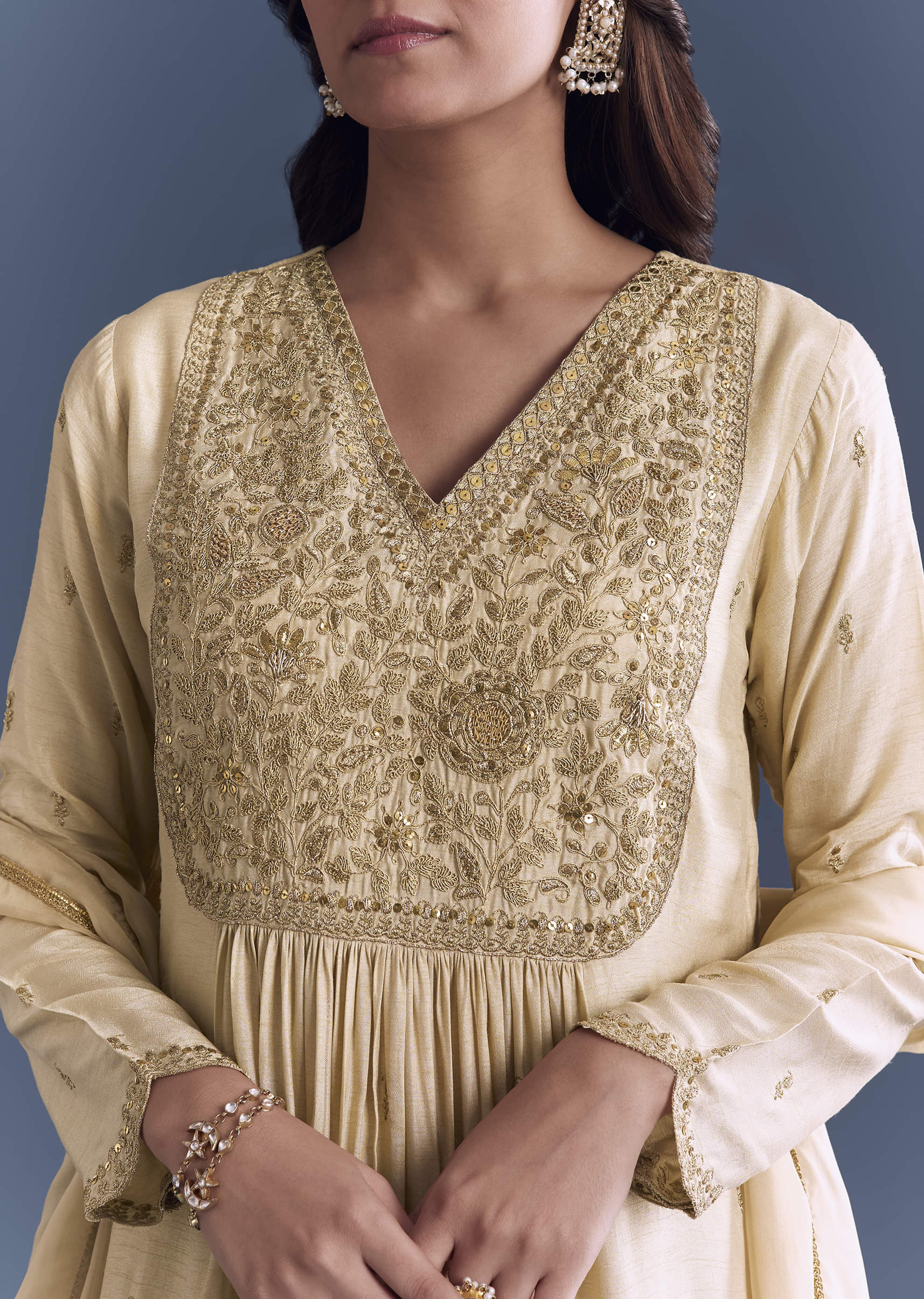 Cream Silk Anarkali Suit With Zari Thread Embroidery - Image 2