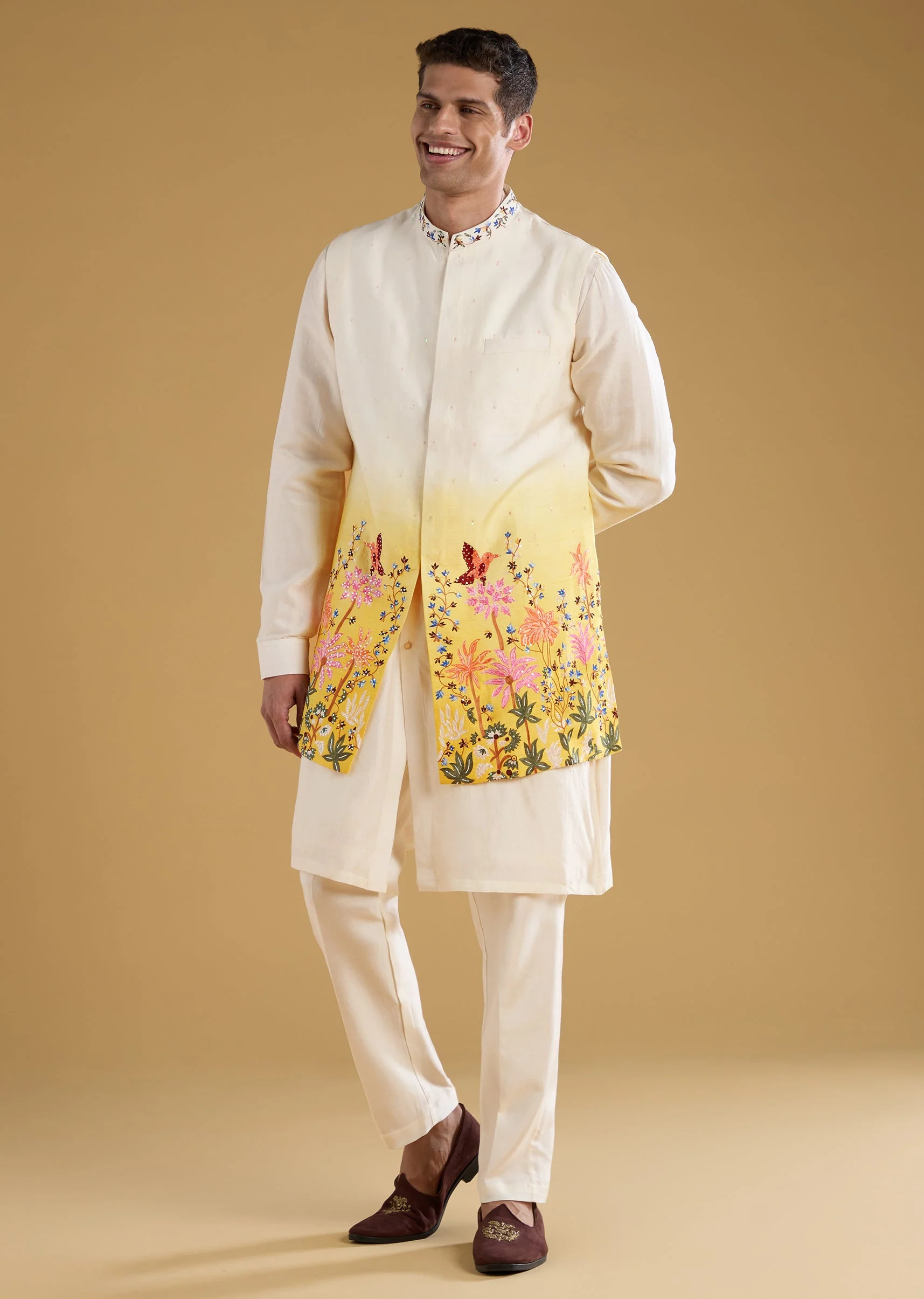 Cream Silk Embellished Jacket and Kurta Set