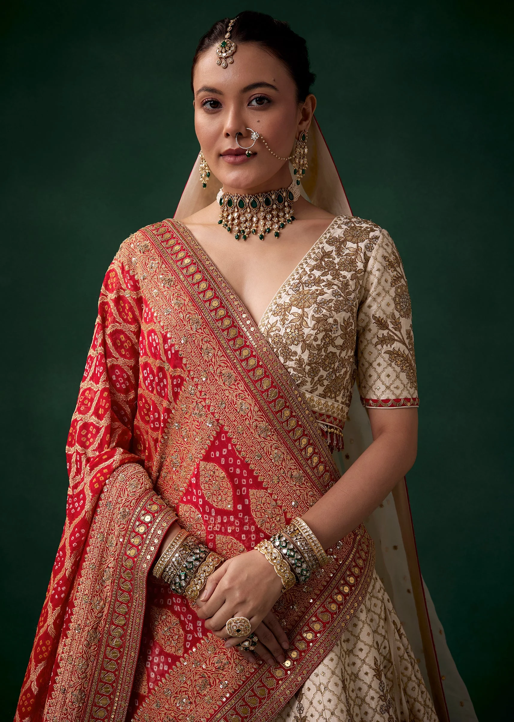 Cream Silk Embroidered Bridal Lehenga Set with Two Dupattas - Image 3