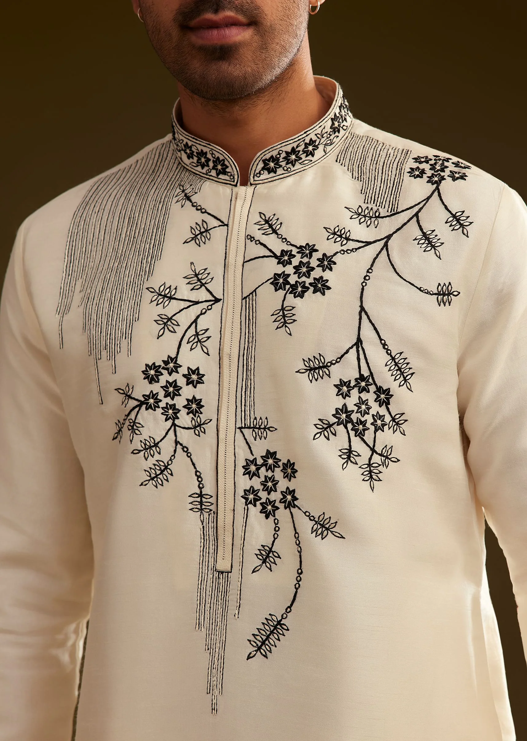 Cream Silk Kurta Set With Monochromatic Floral Embroidery - Image 2