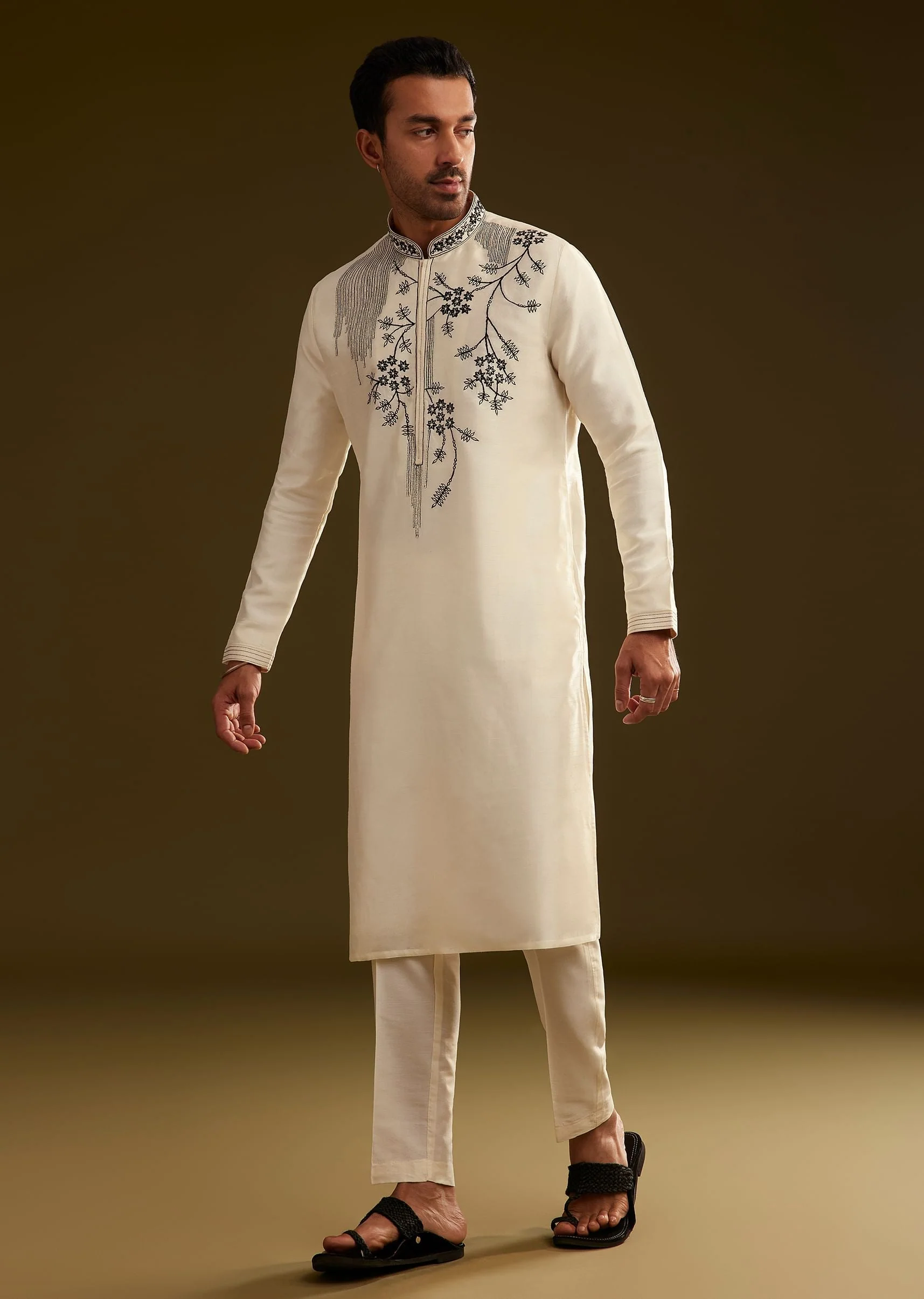 Cream Silk Kurta Set With Monochromatic Floral Embroidery - Image 3