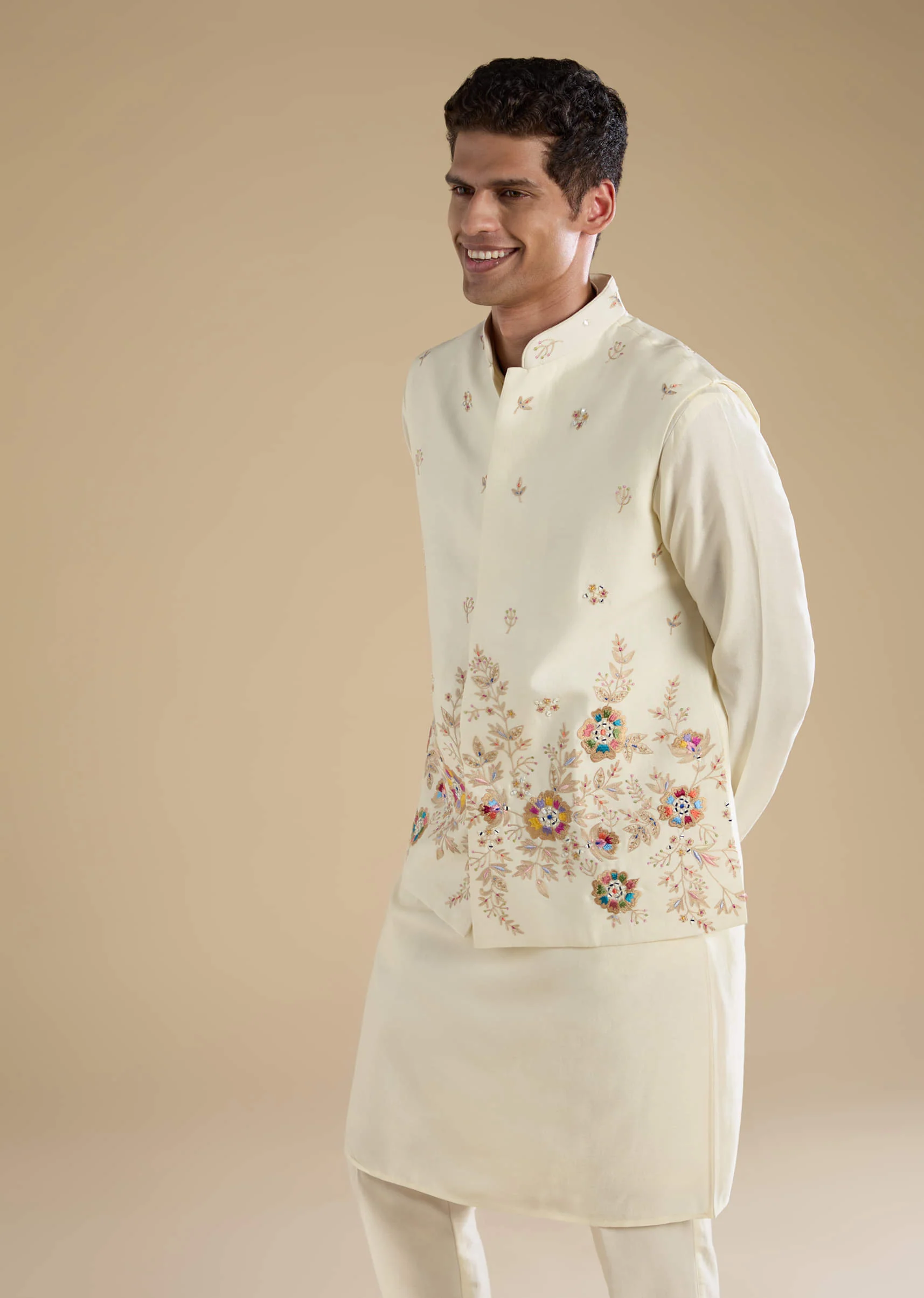 Cream Silk Jacket Kurta Set with Resham Work - Image 4