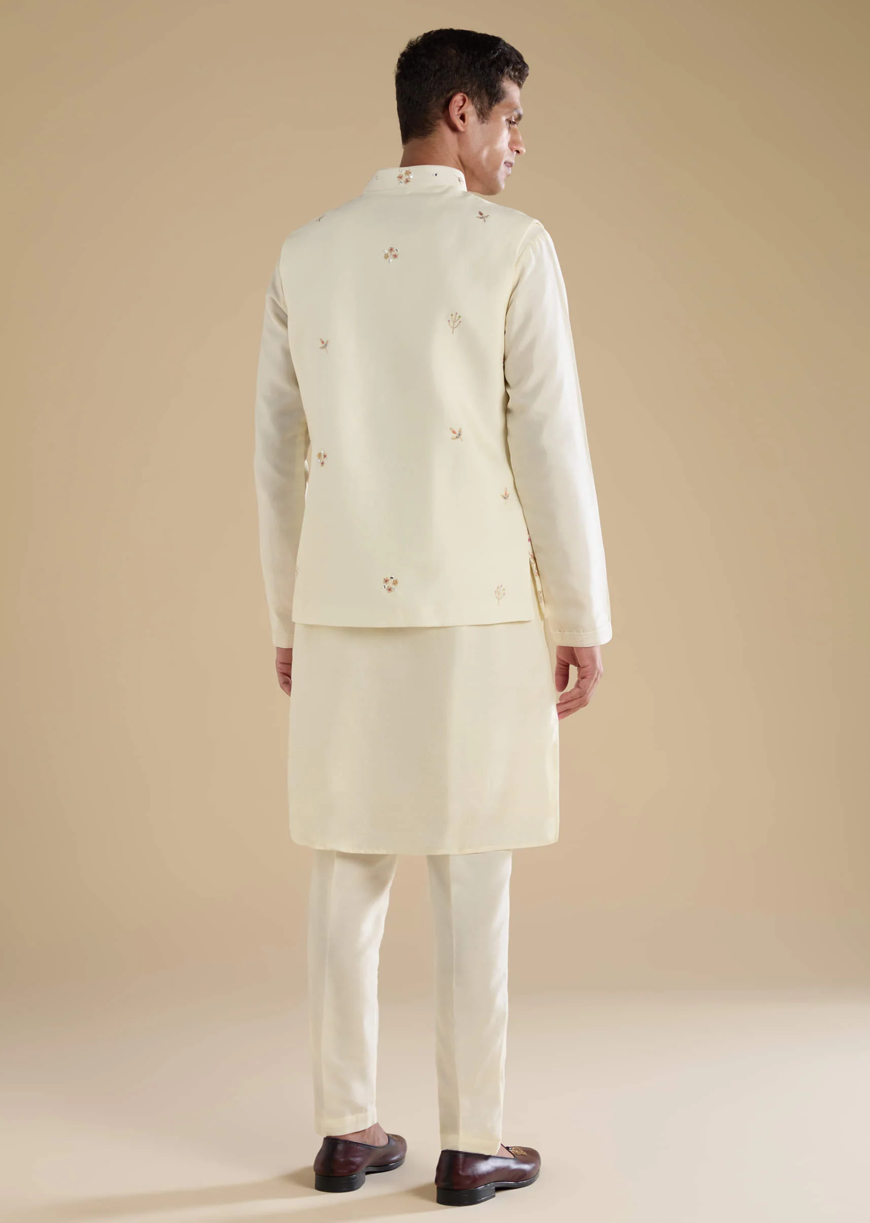 Cream Silk Jacket Kurta Set with Resham Work - Image 5