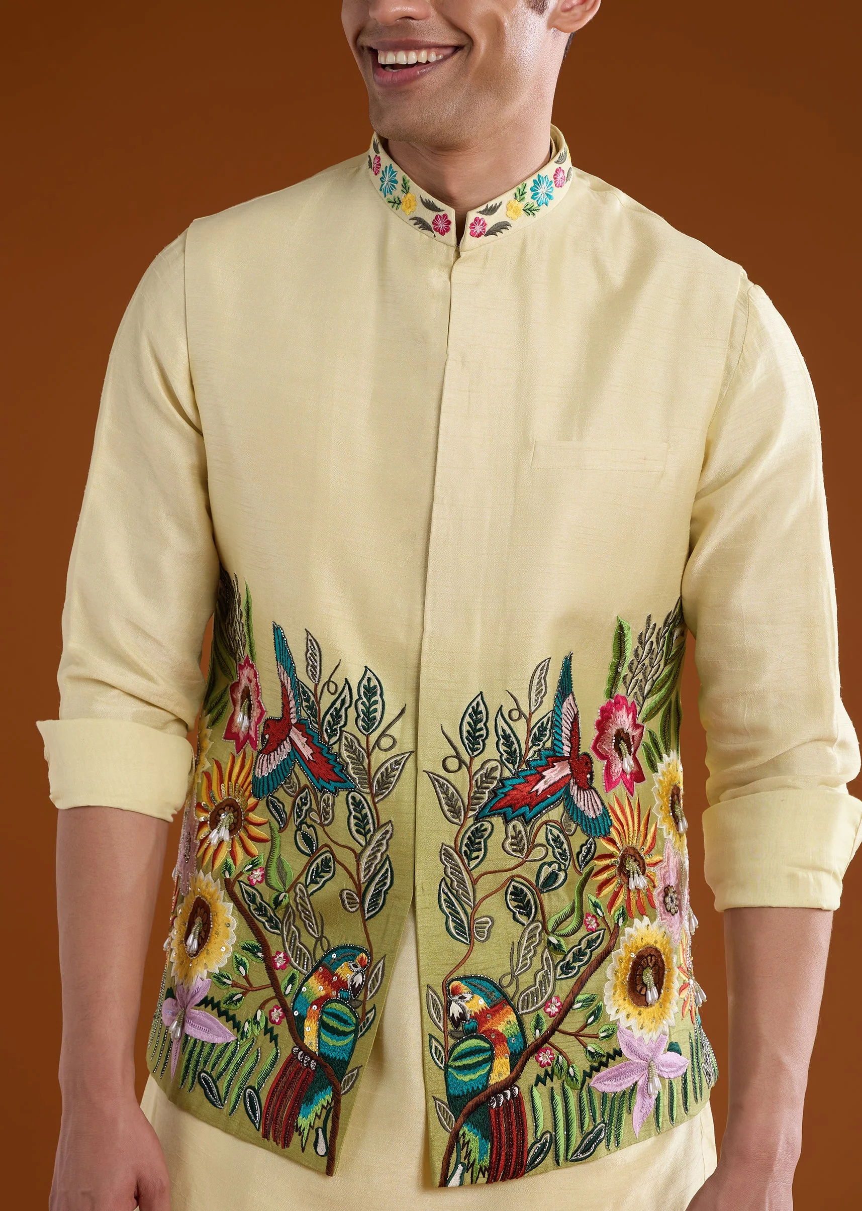 Cream Silk Jacket Kurta Set with Thread Work - Image 2