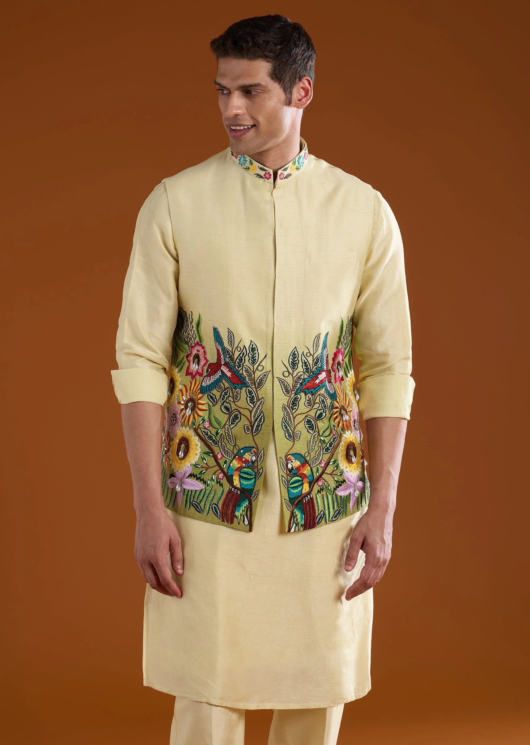 Cream Silk Jacket Kurta Set with Thread Work - Image 4