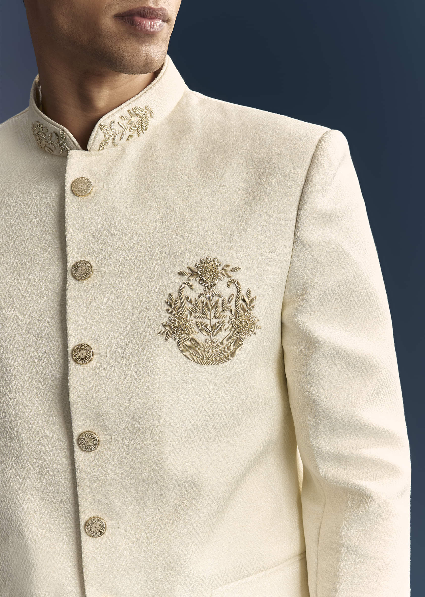 Cream Silk Jodhpuri Suit For Men With Heavy Hand Embroidery - Image 2