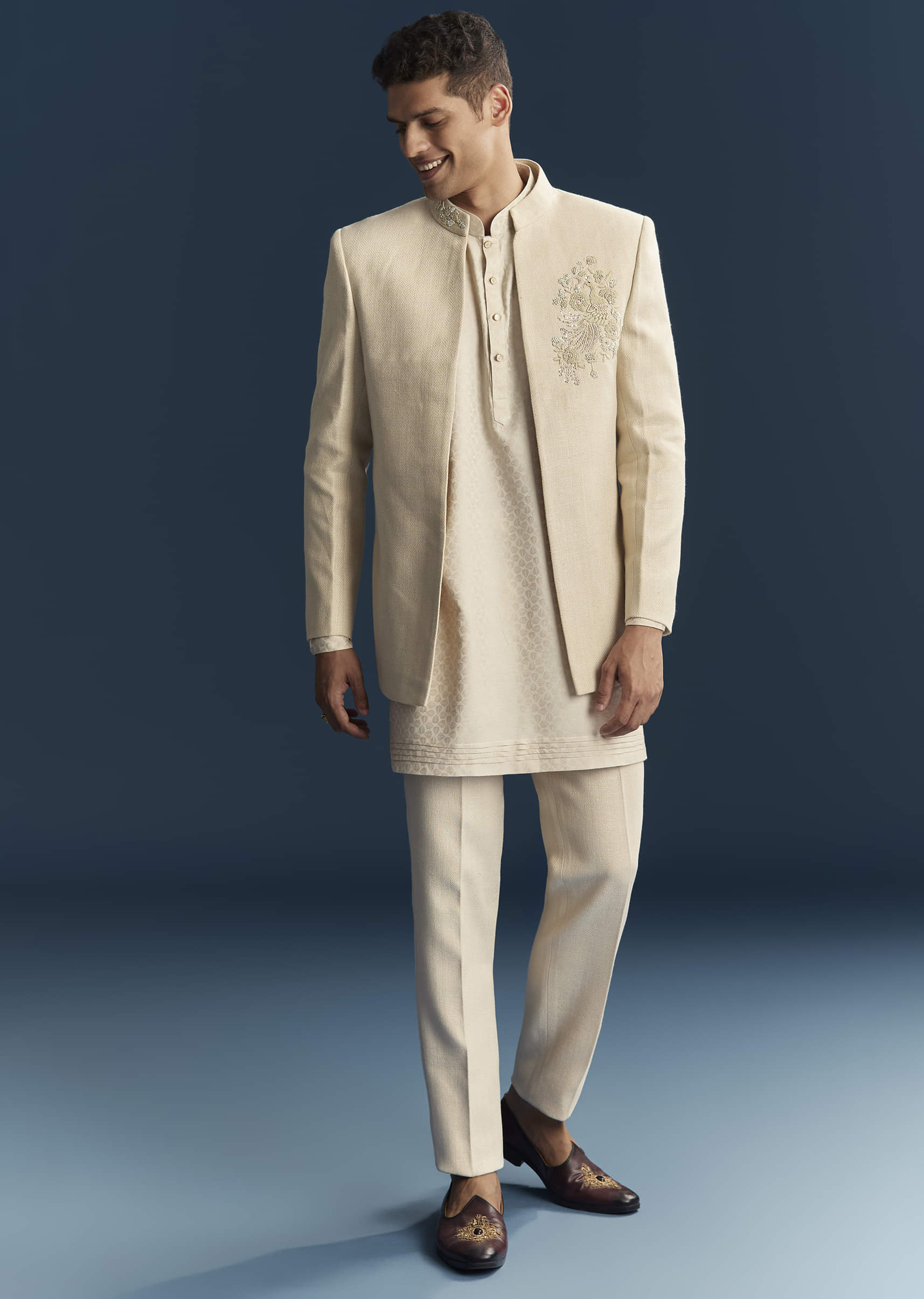 Cream Silk Kurta Jacket Set For Men With Dense Embroidery - Image 3