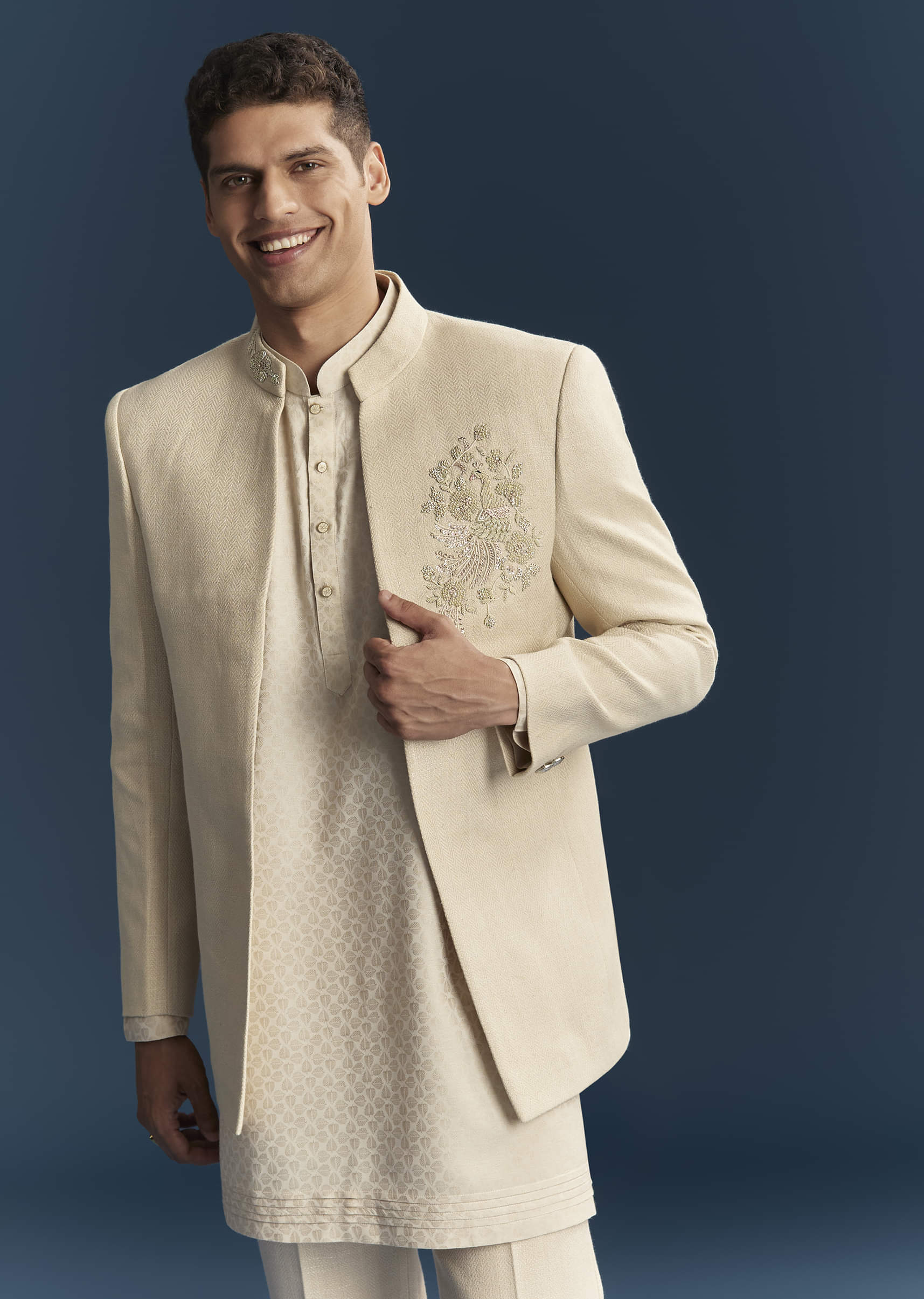 Cream Silk Kurta Jacket Set For Men With Dense Embroidery - Image 4