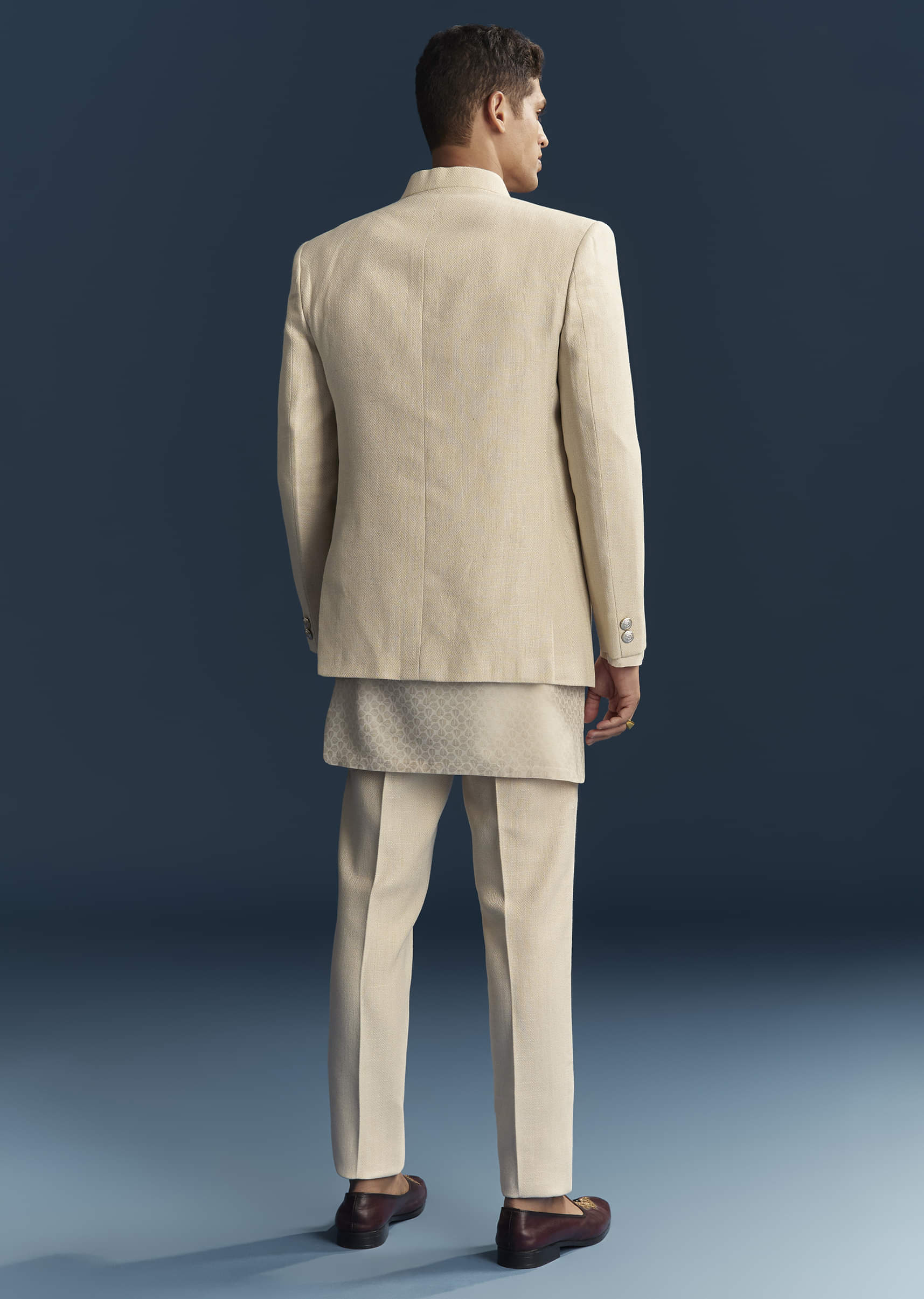 Cream Silk Kurta Jacket Set For Men With Dense Embroidery - Image 5