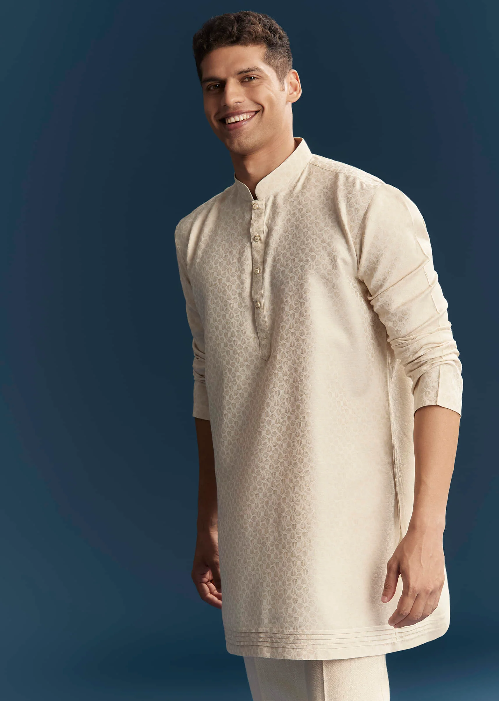 Cream Silk Kurta Jacket Set For Men With Dense Embroidery - Image 6