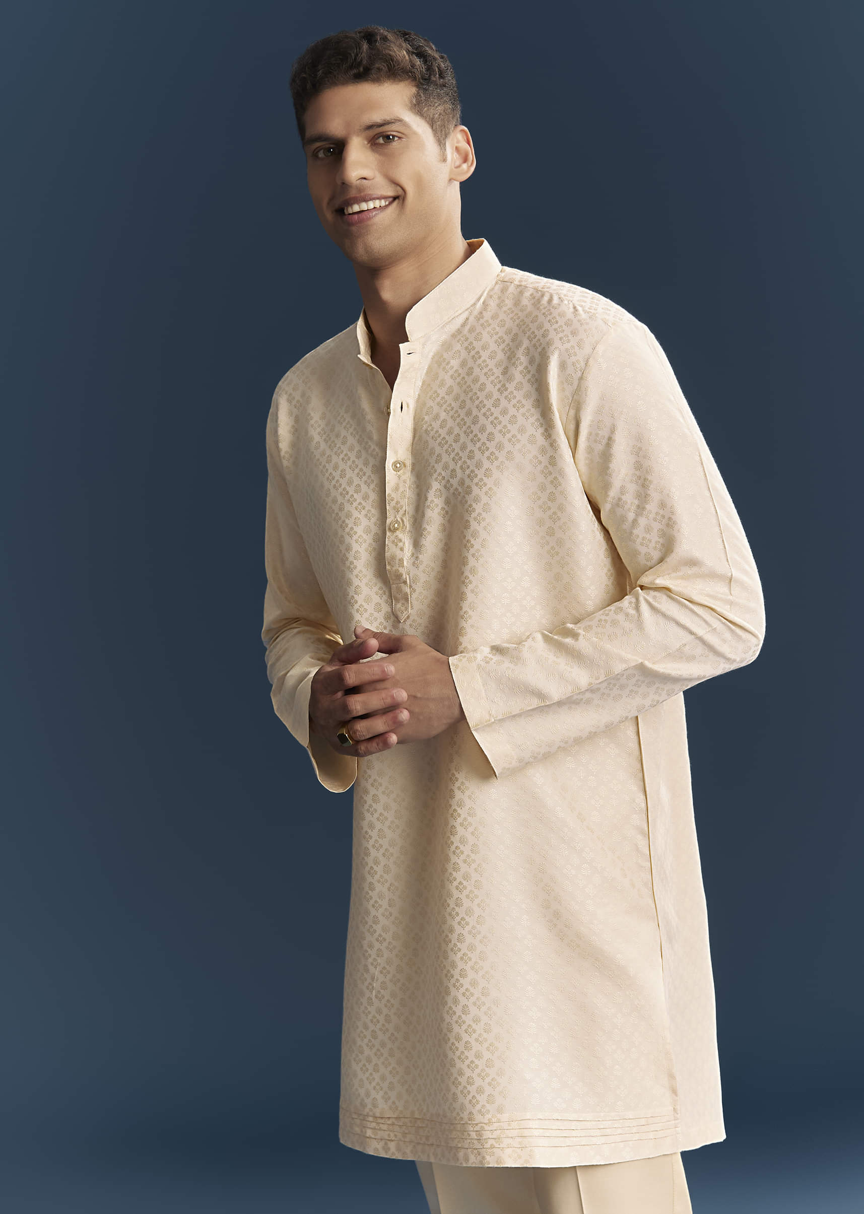 Cream Silk Kurta Jacket Set For Men With Embroidery - Image 6